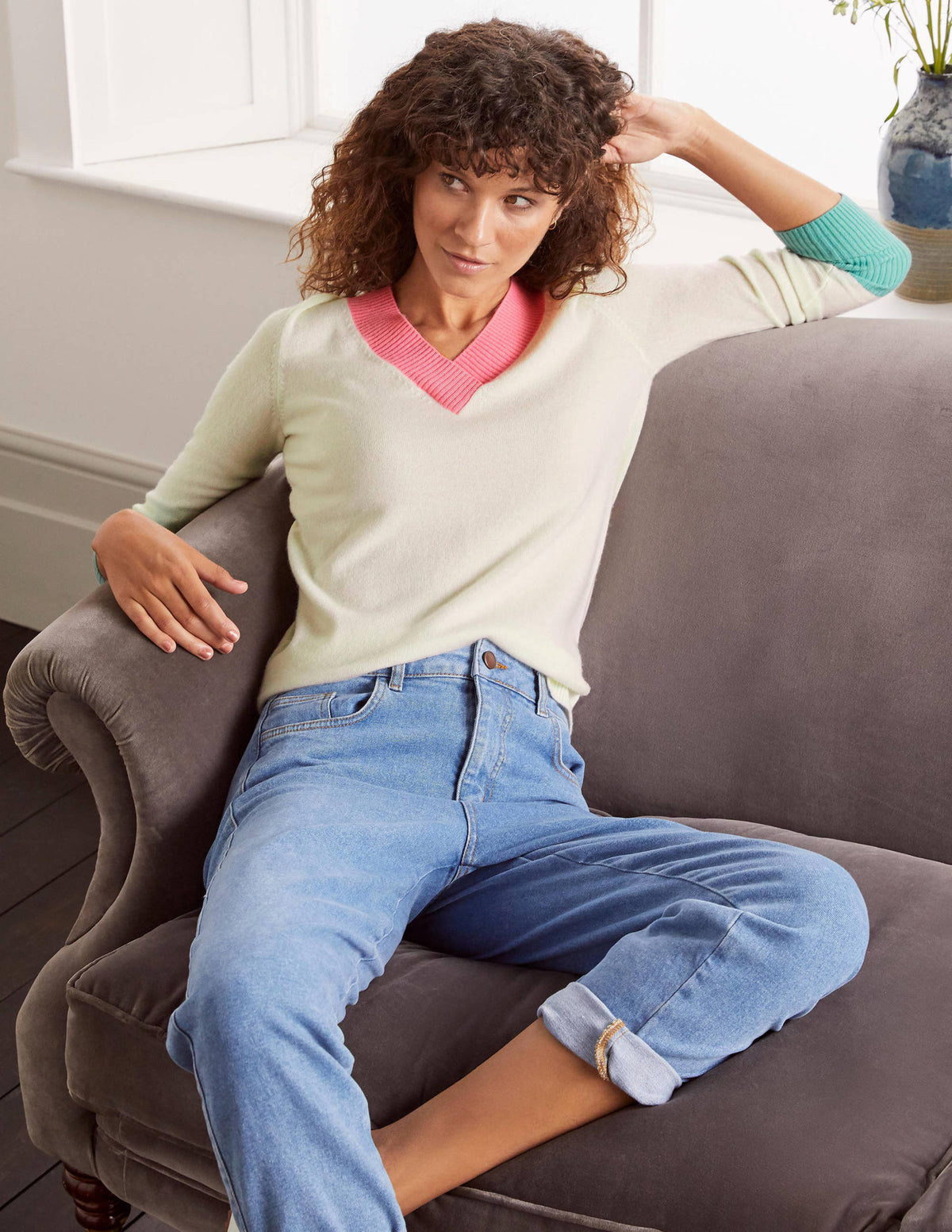 Pull col V Oakley en cachemire-Colourblock ivoire - Image 2