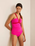 Corsica V-neck Tankini Top-Neon Pink Colourblock