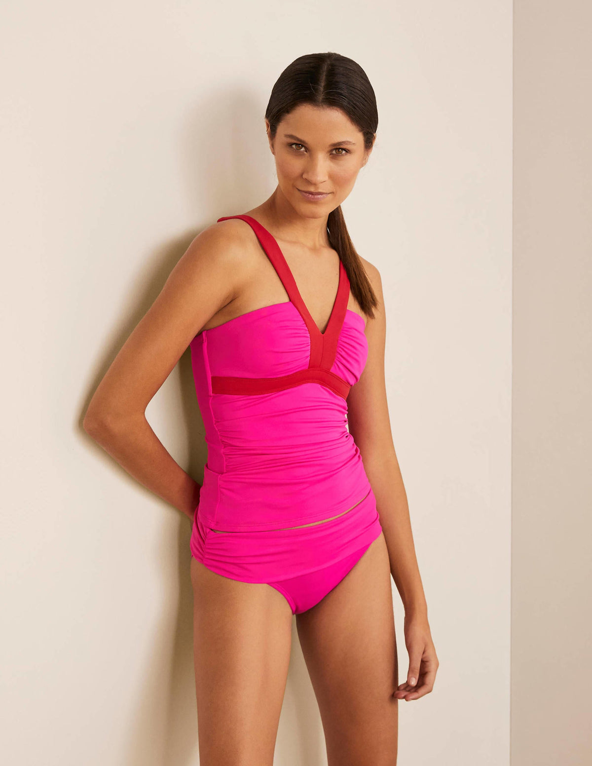 Corsica V-neck Tankini Top-Neon Pink Colourblock-1