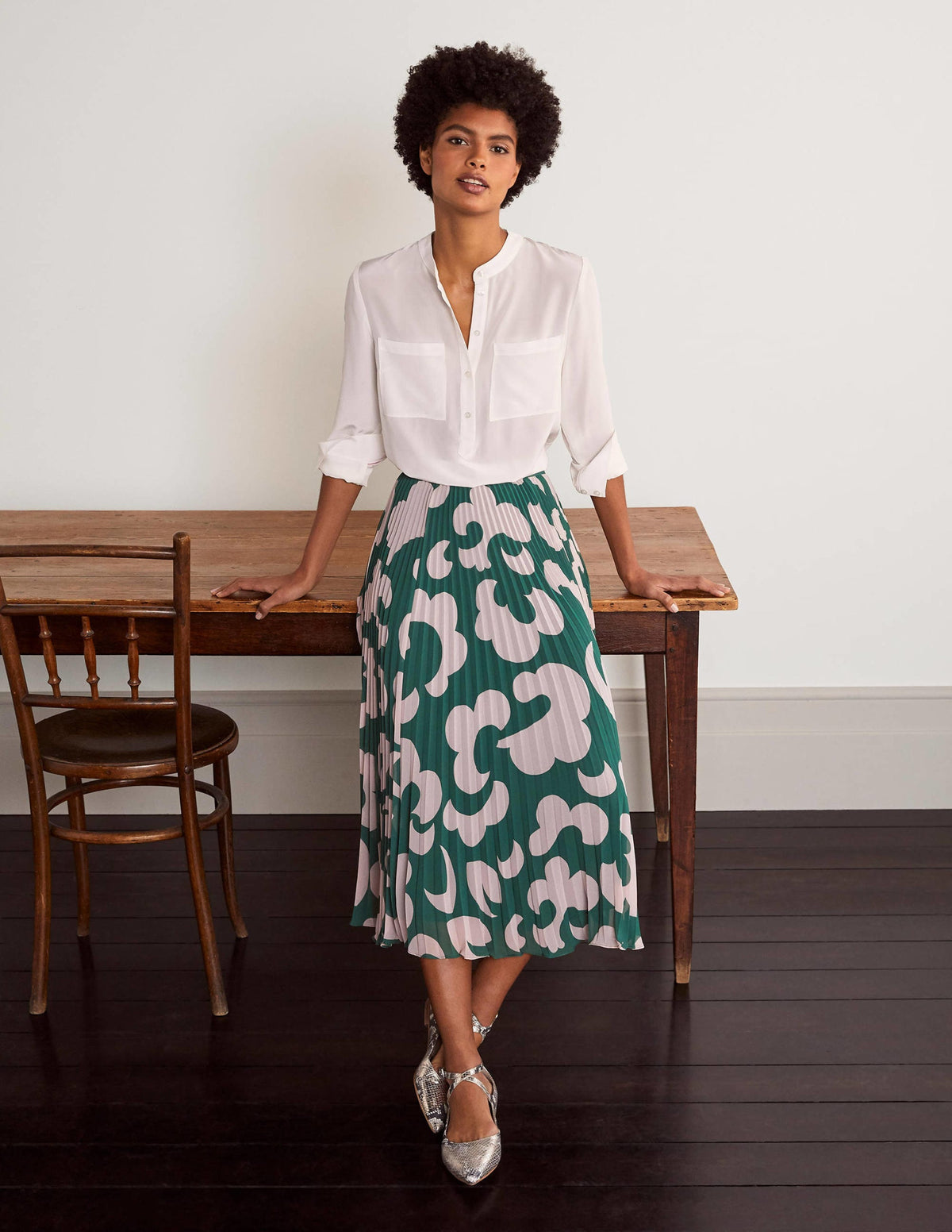 Blouse sans col en soie-Ivoire - Image 1