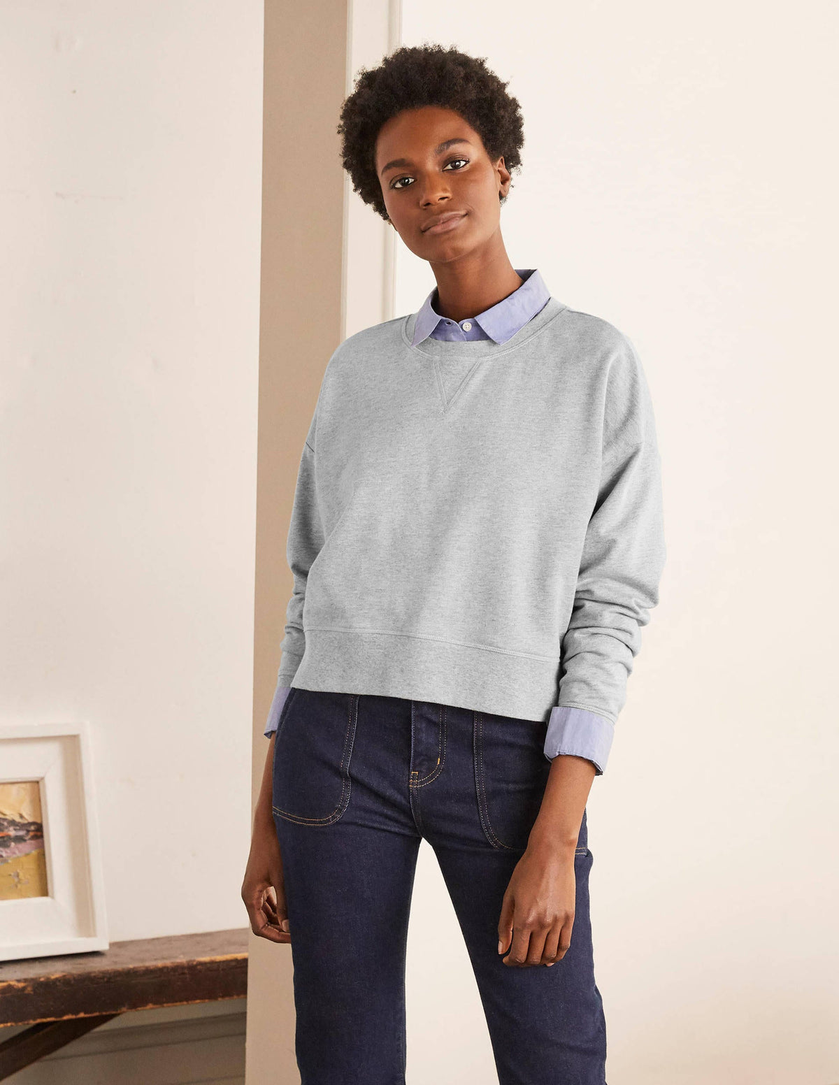 Kurz geschnittenes Sweatshirt-Grau Meliert-5