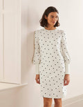 Romona Sweatshirt-Kleid-Naturweiß/Navy, Polka-Tupfen