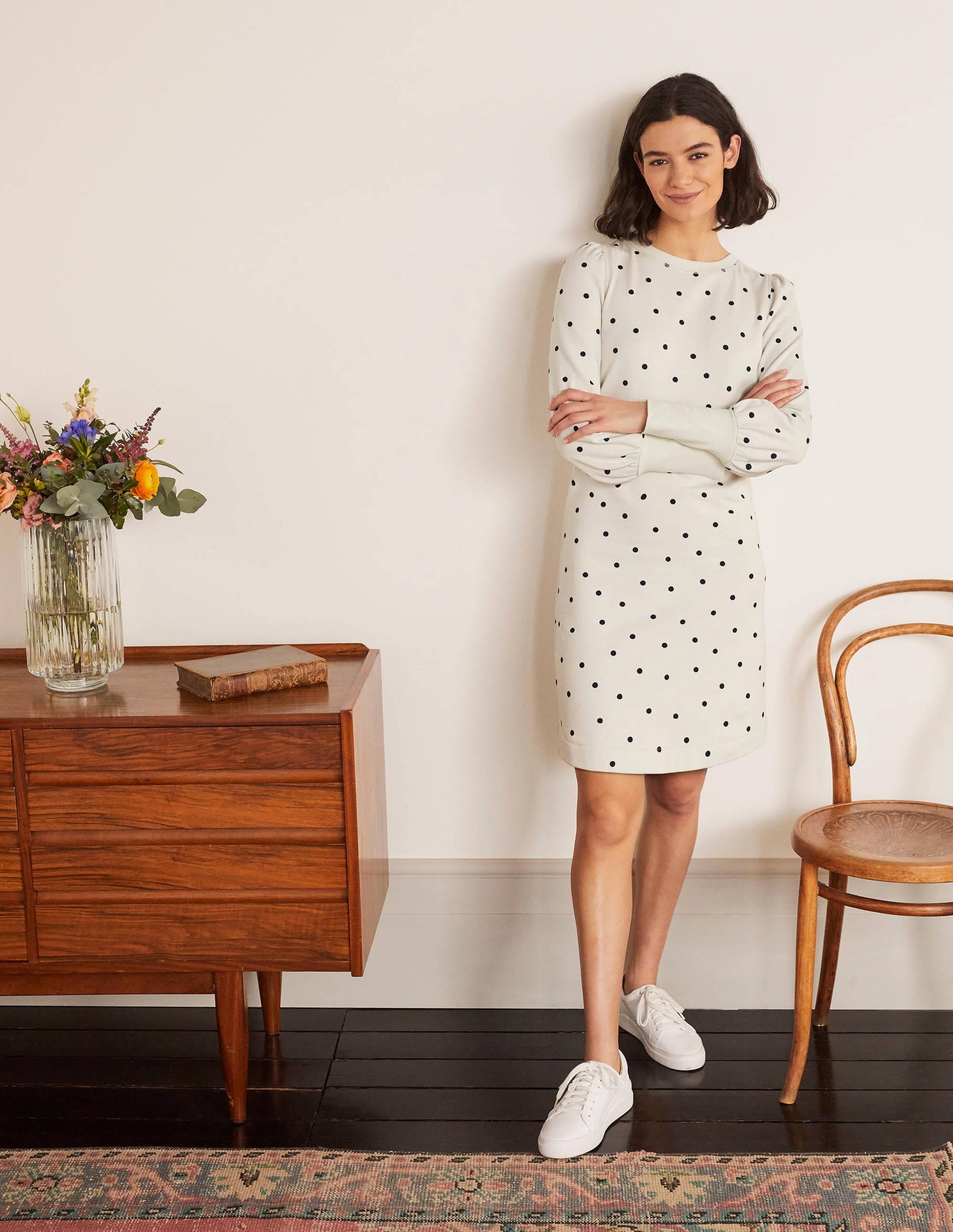 Romona Sweatshirt-Kleid-Naturweiß/Navy, Polka-Tupfen - Image 2