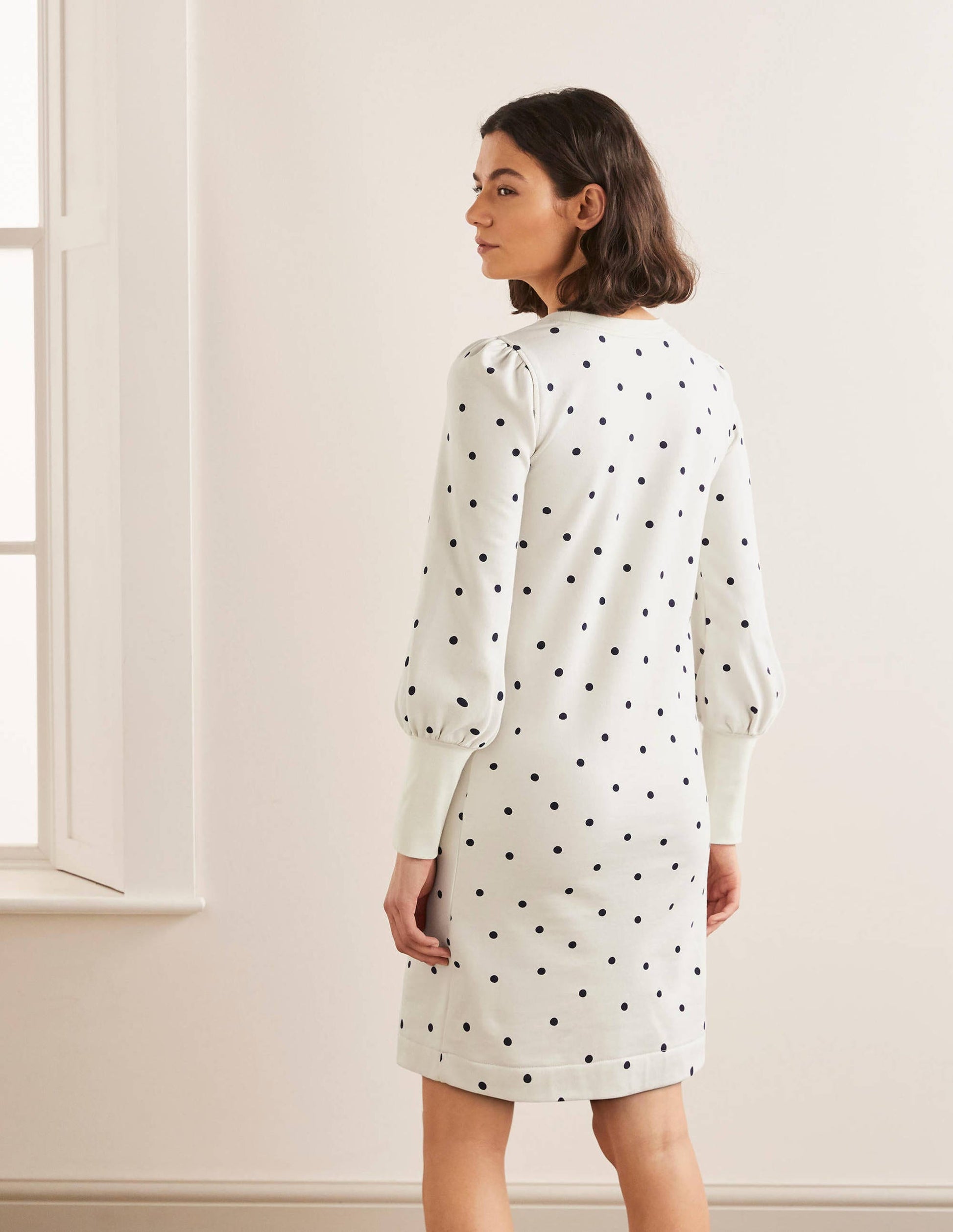 Romona Sweatshirt-Kleid-Naturweiß/Navy, Polka-Tupfen-3