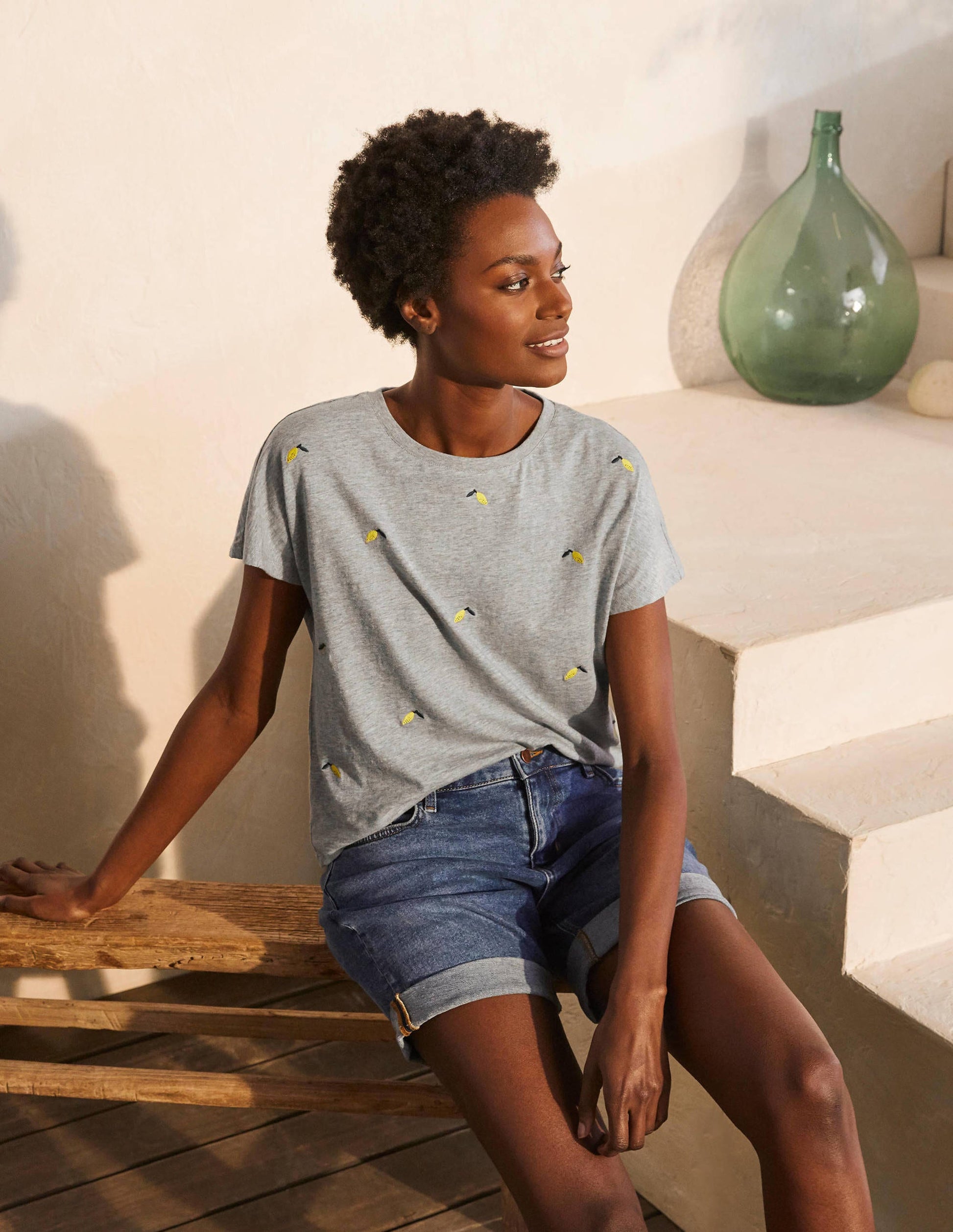 Lena Jersey-T-Shirt mit Stickerei-Grau Meliert, Gestickte Zitronen-1