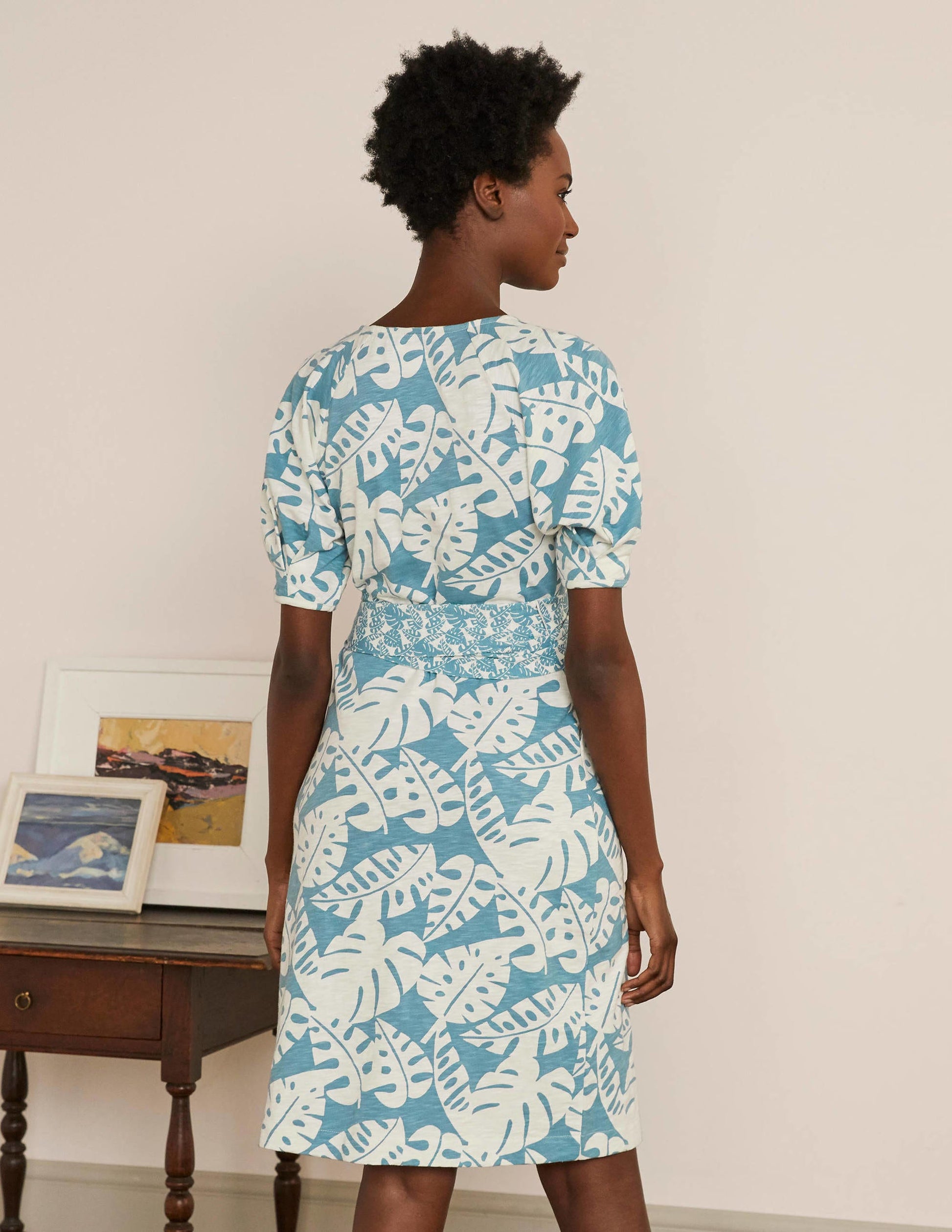 Amanda Jerseykleid mit Gürtel-Mittelblau, Bananenblatt-3