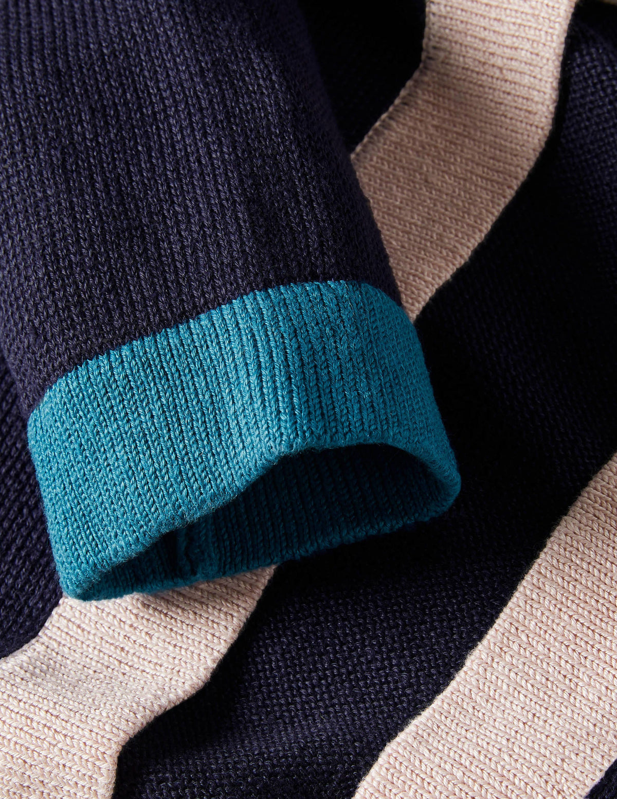 Leinencardigan mit Streifenborten-Navy, Blockfarben-5