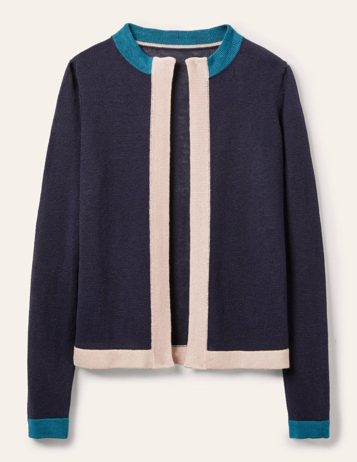 Leinencardigan mit Streifenborten-Navy, Blockfarben - Image 6