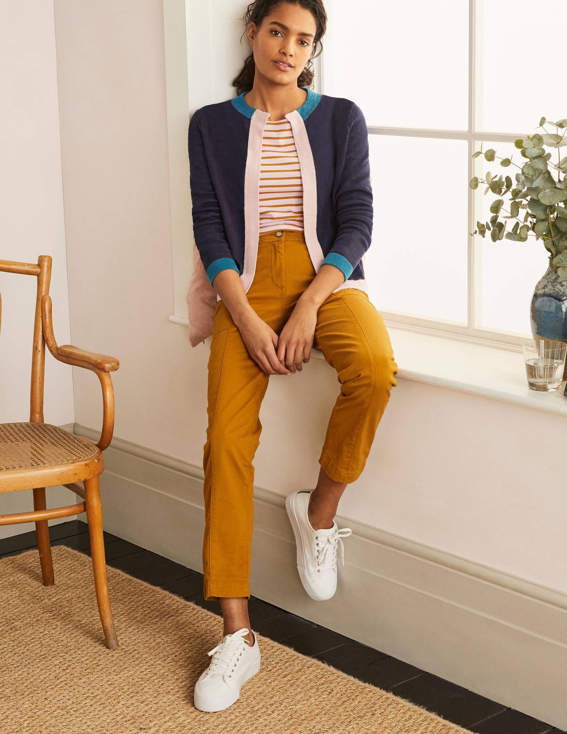 Leinencardigan mit Streifenborten-Navy, Blockfarben-1