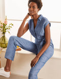 Catriona Leinen-Jumpsuit-Authentisches Blau, Faux-Uni