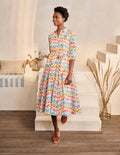 Kitty Midi-Hemdblusenkleid-Naturweiß, Leopardentupfen in Regenbogenfarben