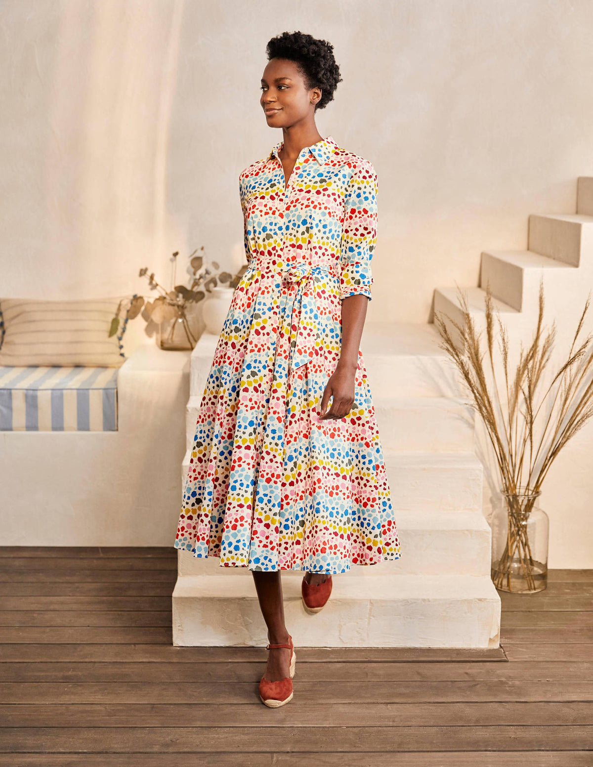 Kitty Midi-Hemdblusenkleid-Naturweiß, Leopardentupfen in Regenbogenfarben-1