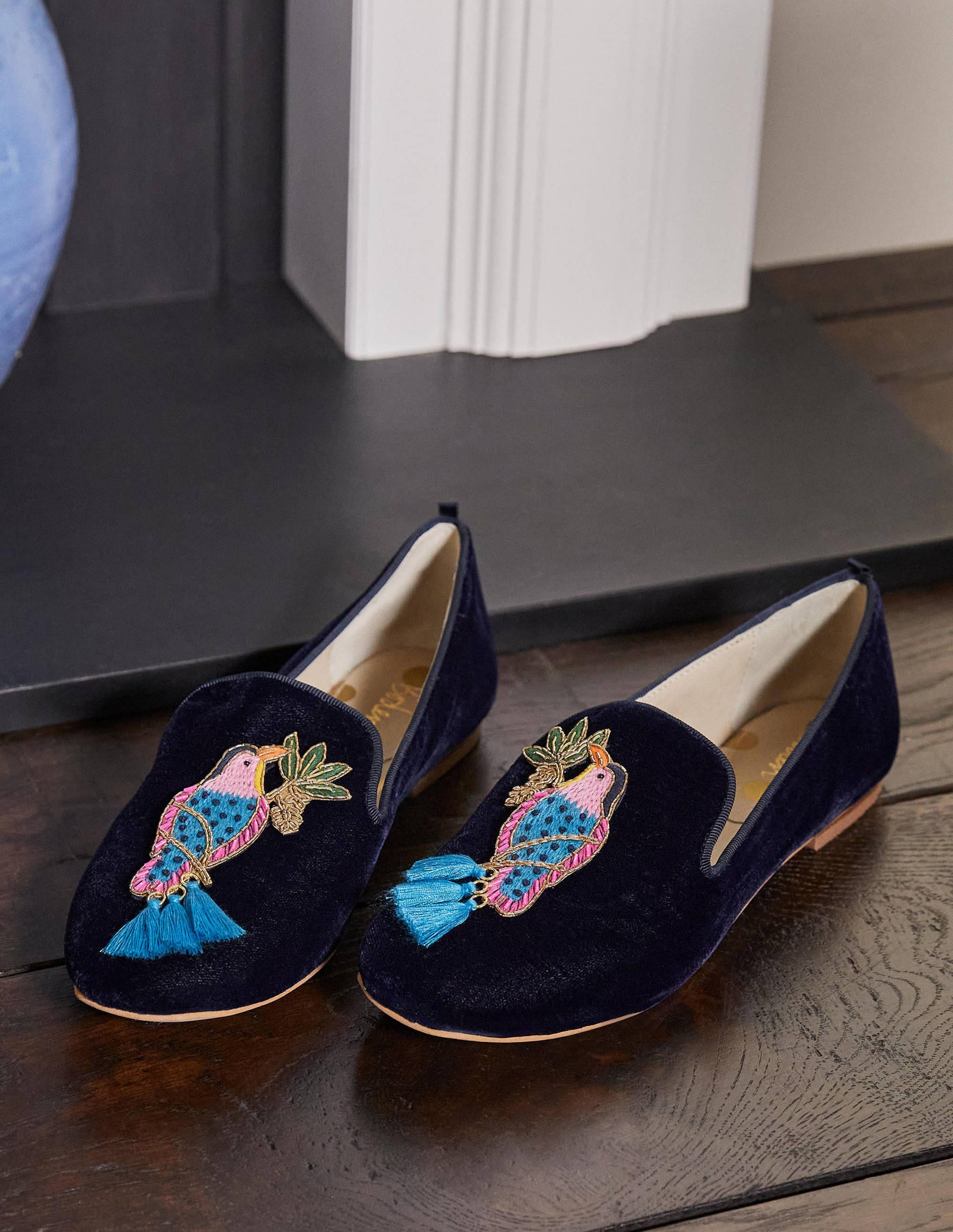 Gabriella Verzierte Loafer-Navy Samt, Vogel - Image 1
