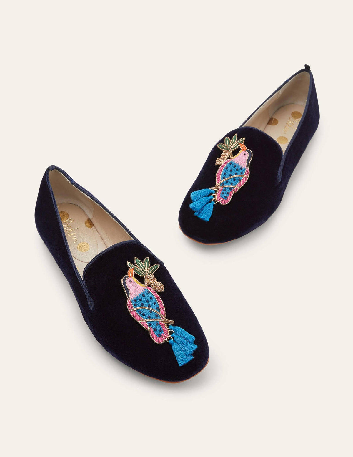 Gabriella Verzierte Loafer-Navy Samt, Vogel - Image 3