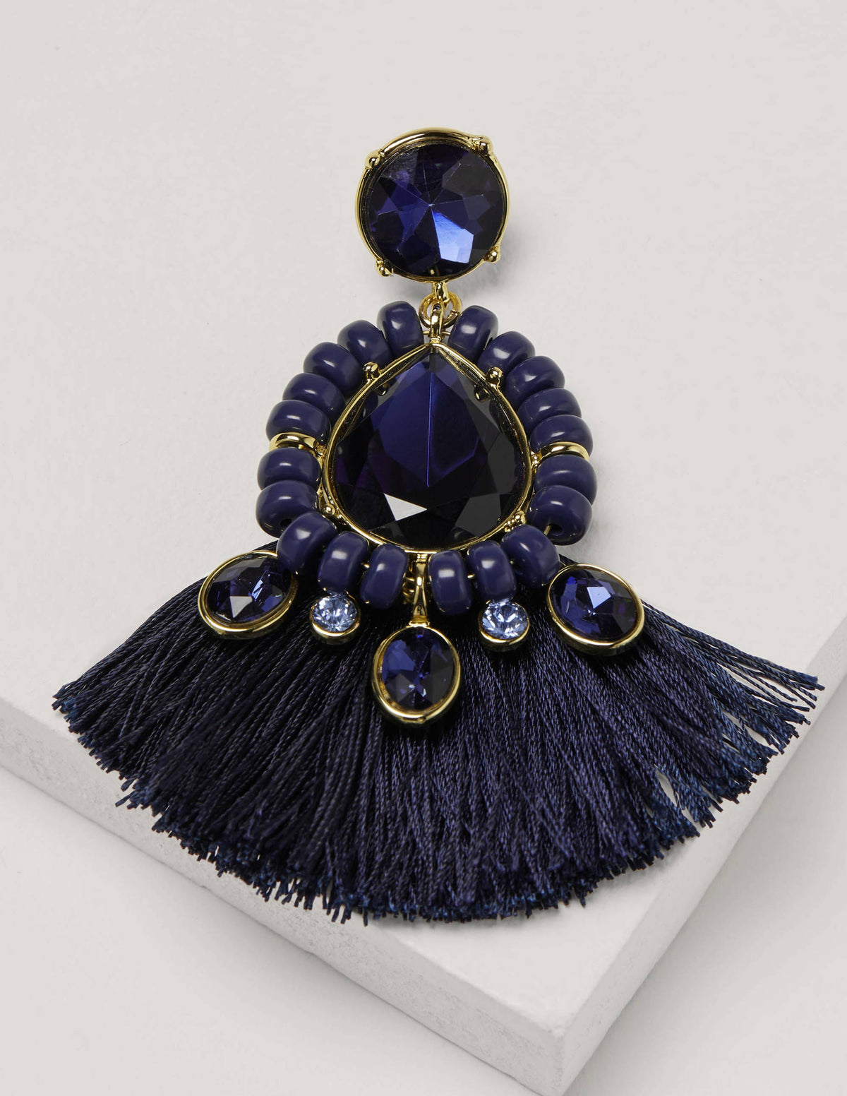 Ohrringe mit Schmucksteinen und Fransen-Marineblau - Image 3
