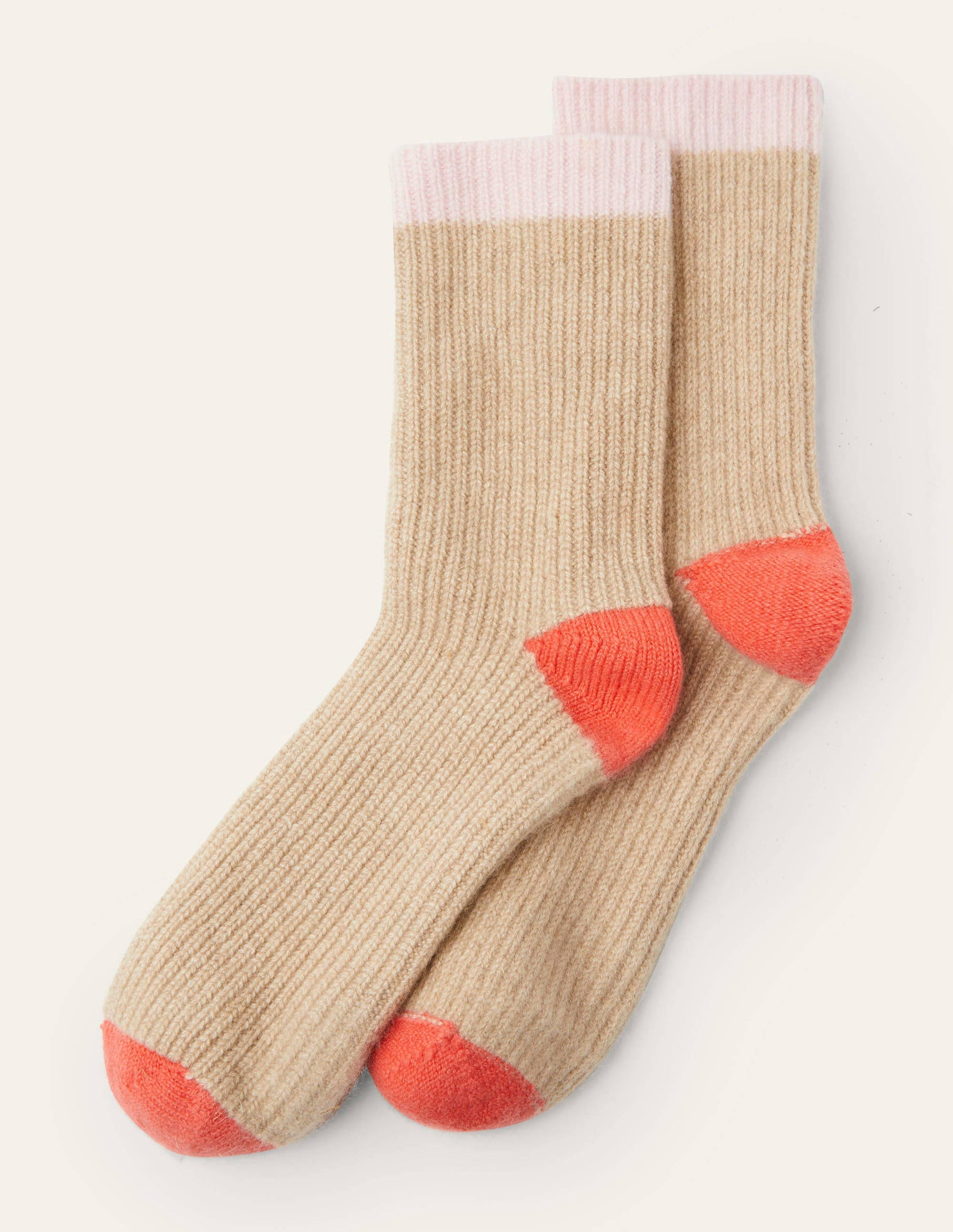 Bettsocken aus Kaschmir-Mausgrau/Milchshake/Korallenrot-1