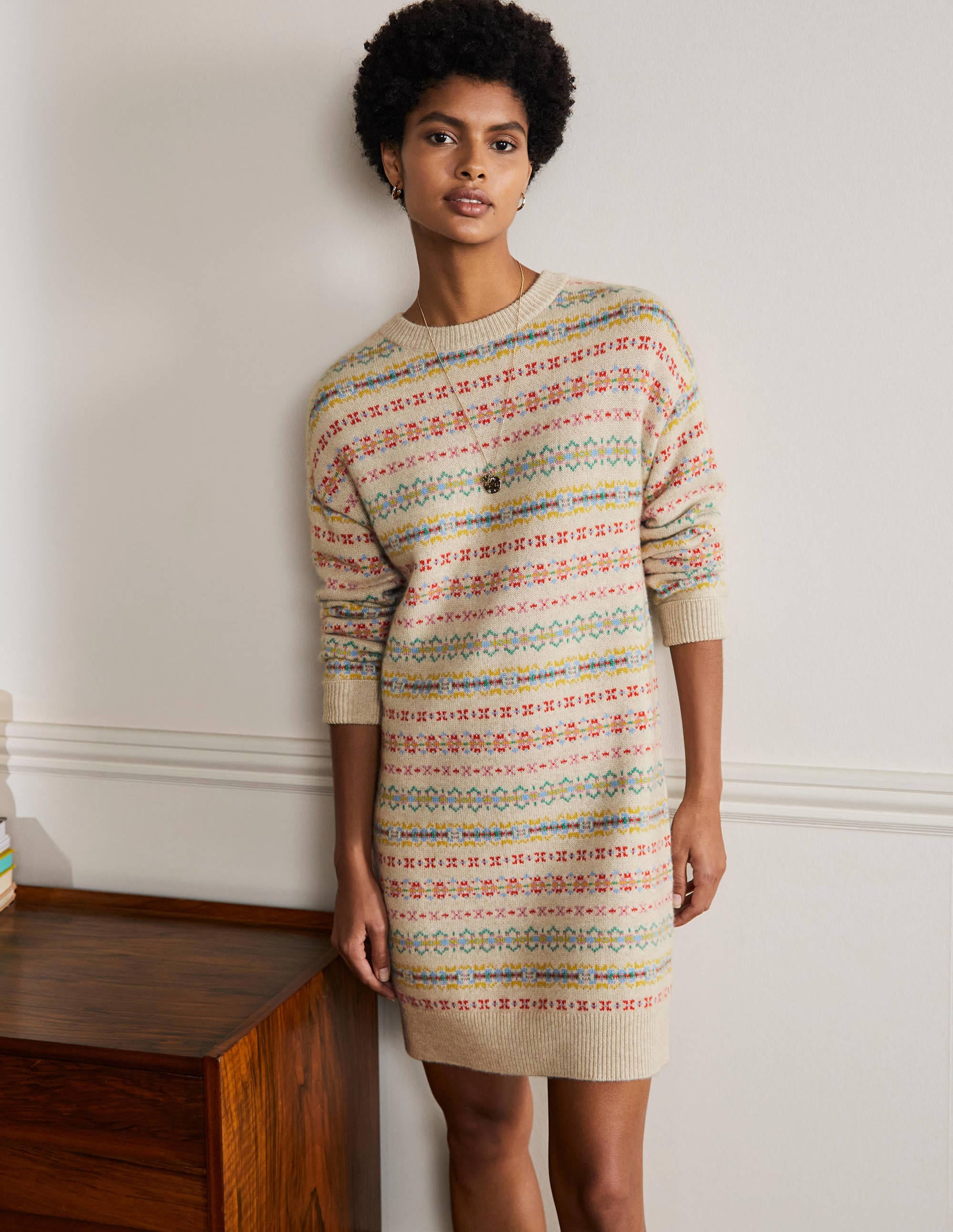 Robe en cachemire à motif jacquard-Avoine chiné - Image 1