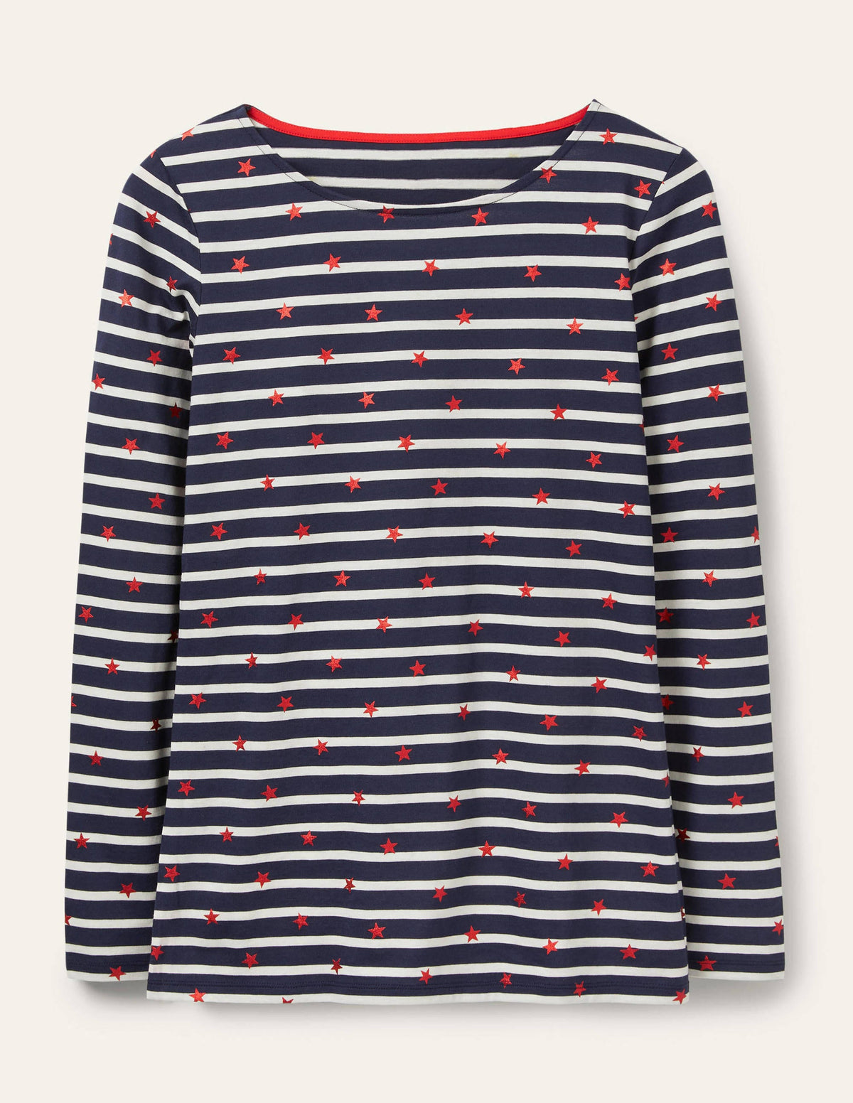 Langärmliges Bretonshirt-Navy/Naturweiß/Rot, Folienstern-6