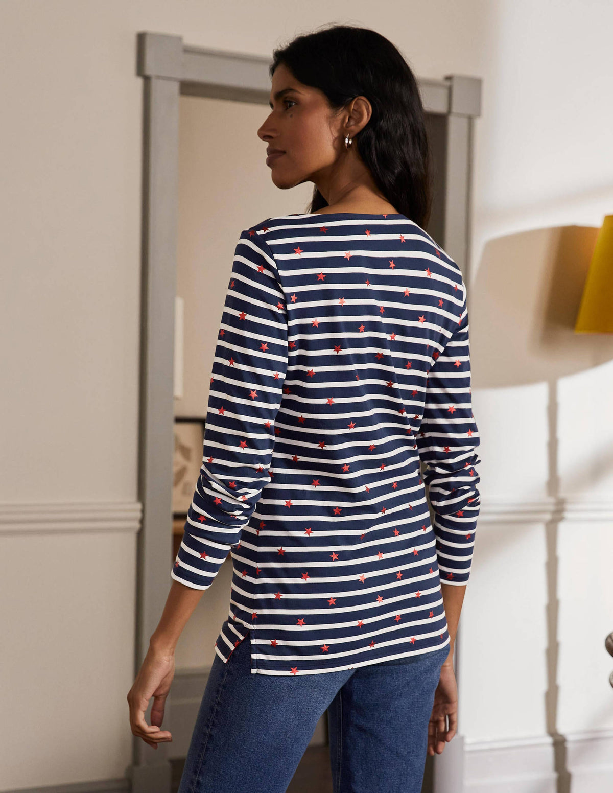 Langärmliges Bretonshirt-Navy/Naturweiß/Rot, Folienstern-3