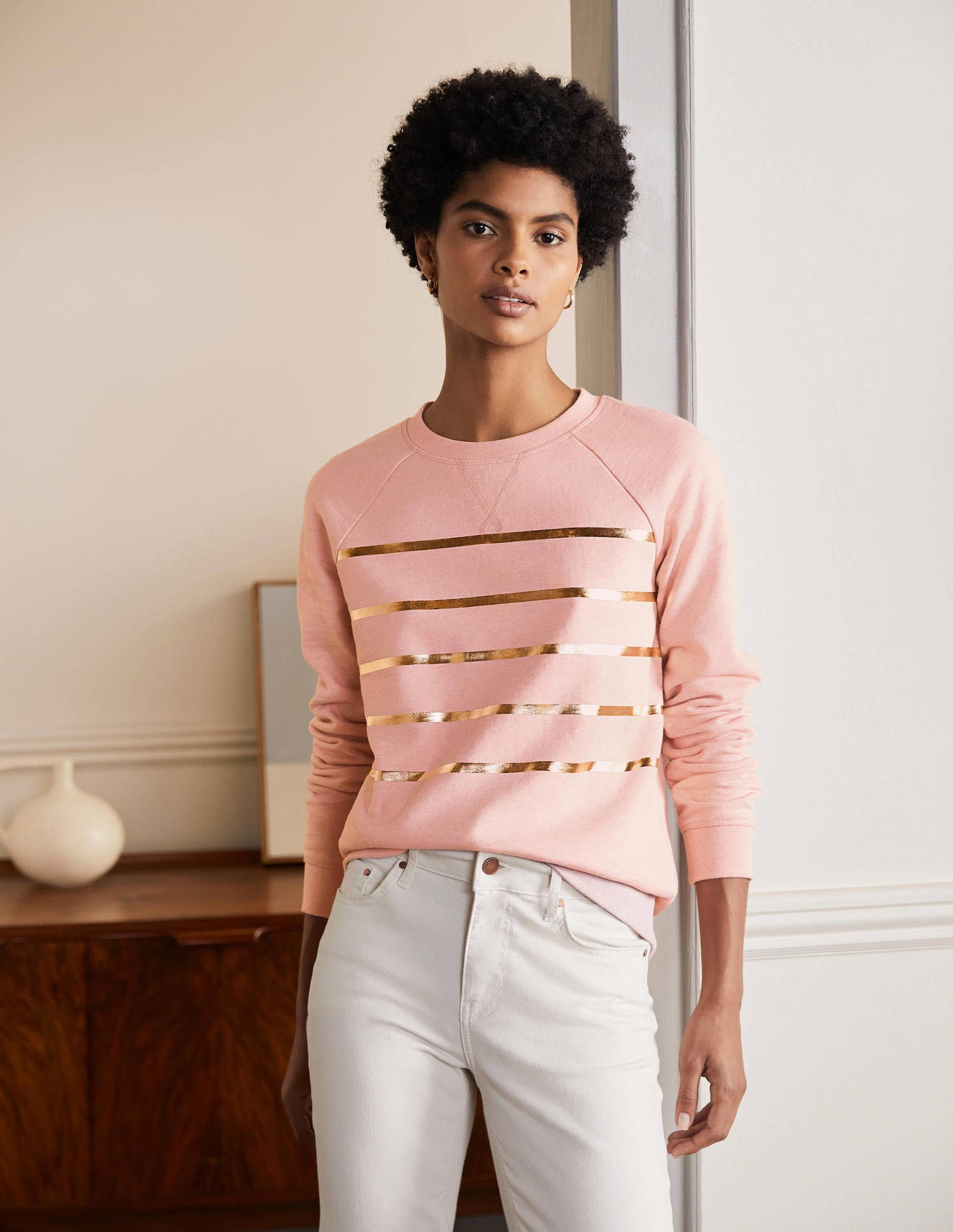 Gemustertes Sweatshirt aus Baumwolle-Rosa Meliert/Gold, Folienstreifen-1