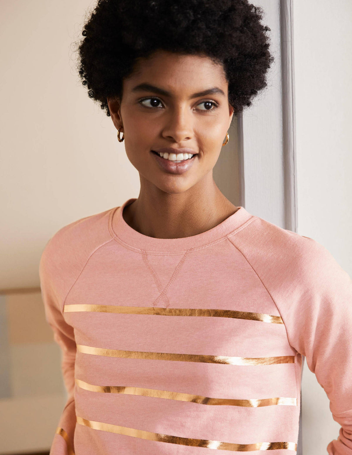 Gemustertes Sweatshirt aus Baumwolle-Rosa Meliert/Gold, Folienstreifen-2