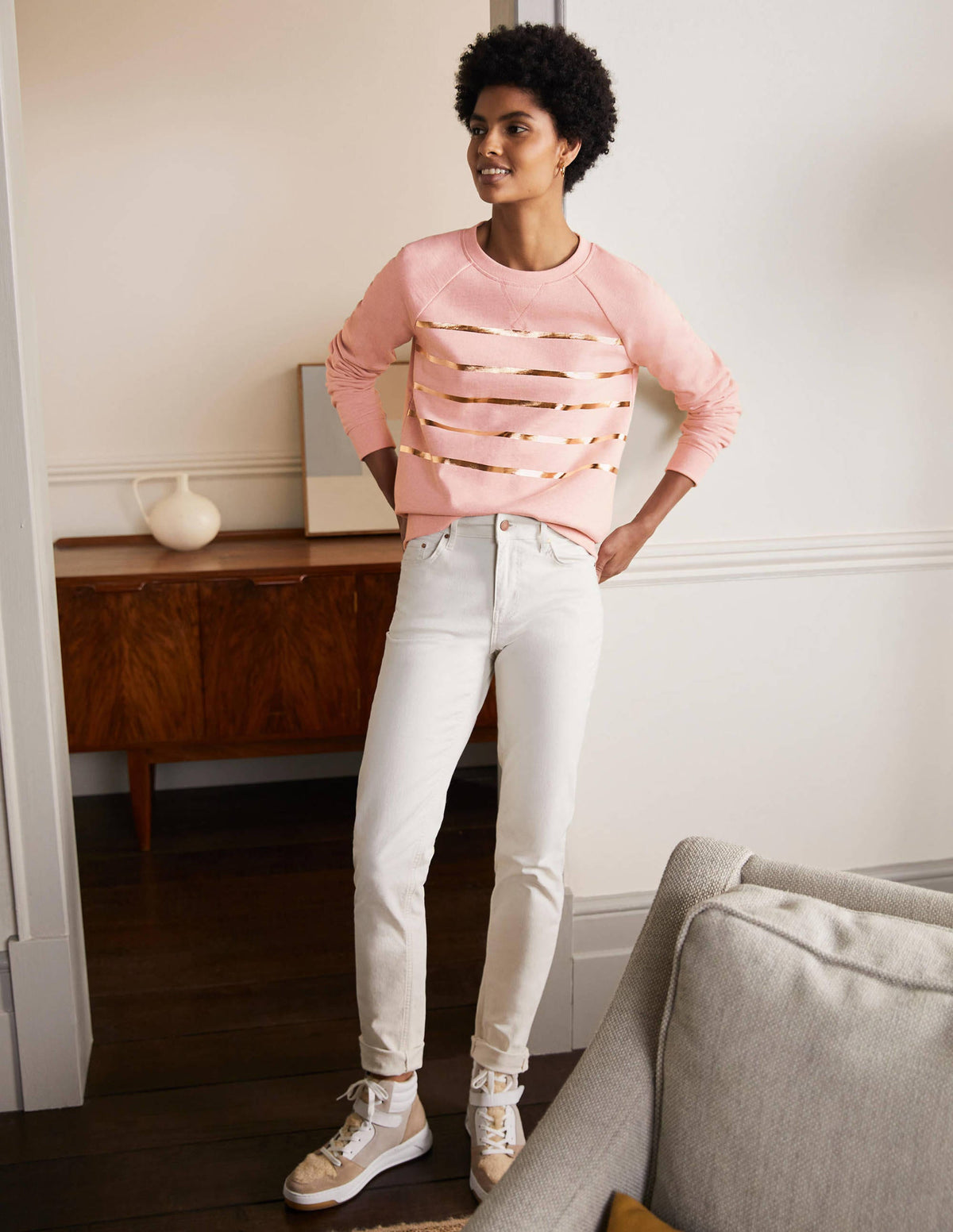 Gemustertes Sweatshirt aus Baumwolle-Rosa Meliert/Gold, Folienstreifen - Image 4