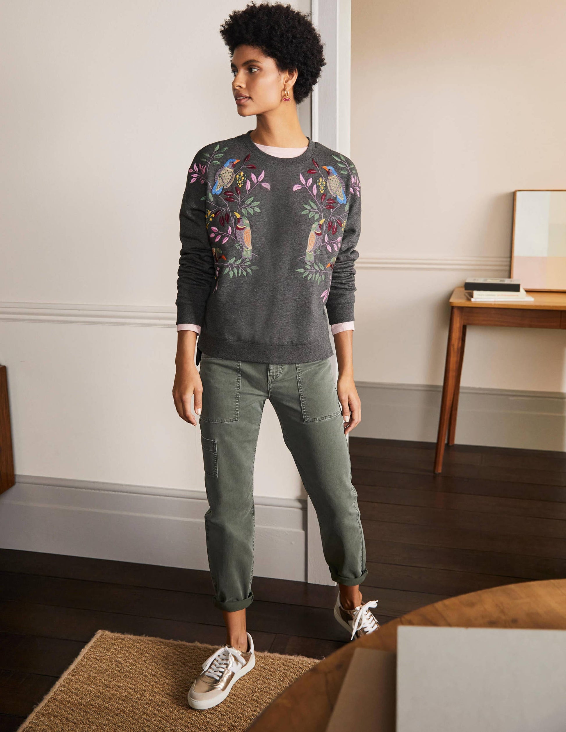 Interest Sweatshirt-Charcoal Marl Bird Embroidery-4
