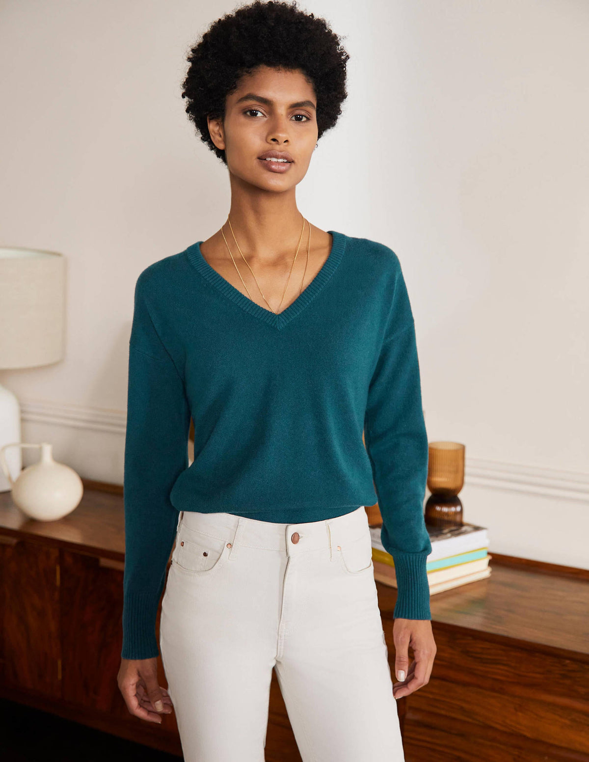 Pull col V décontracté en cachemire-Jade-1