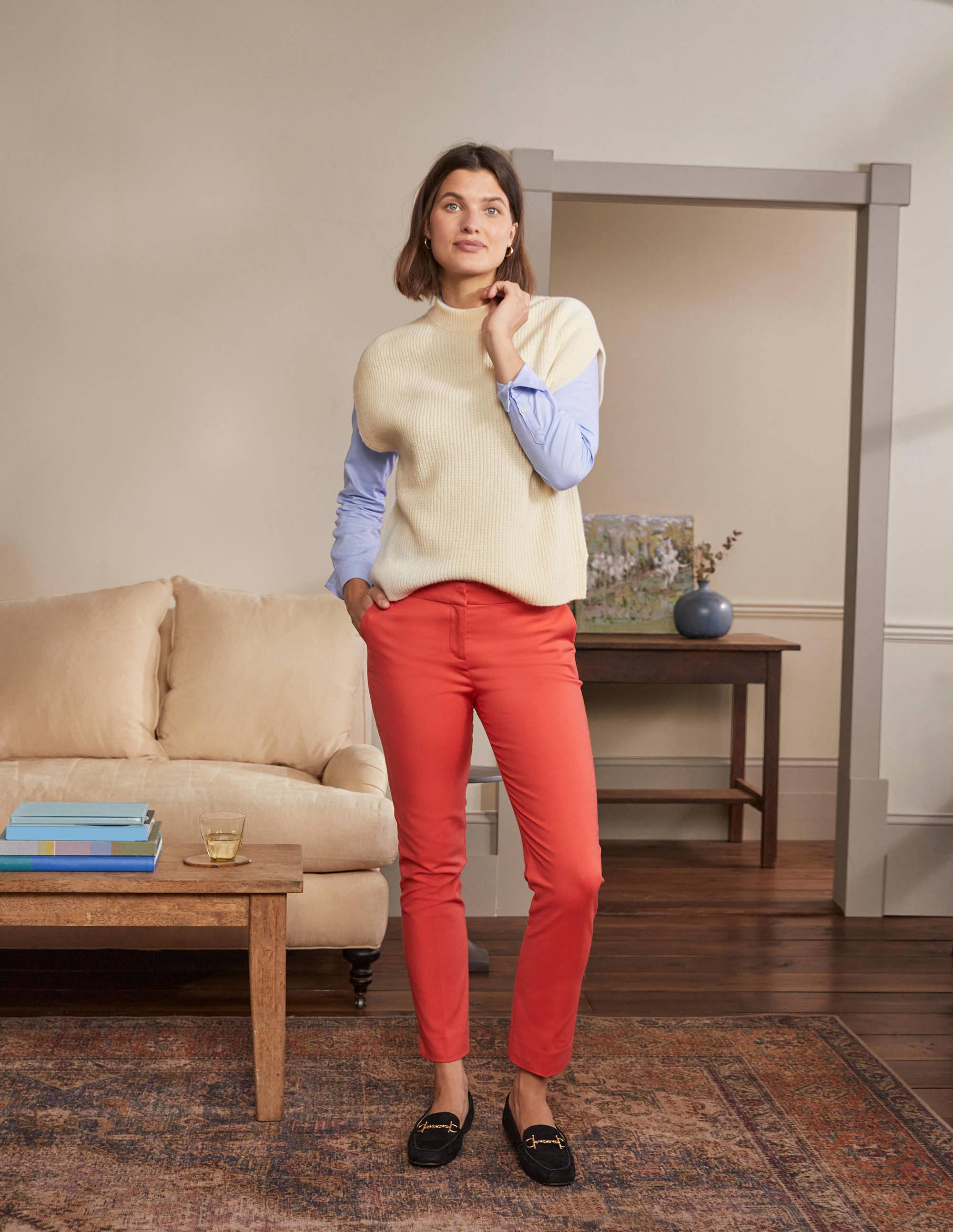 Lockerer ärmelloser Pullover mit Rippstrick-Naturweiß - Image 4