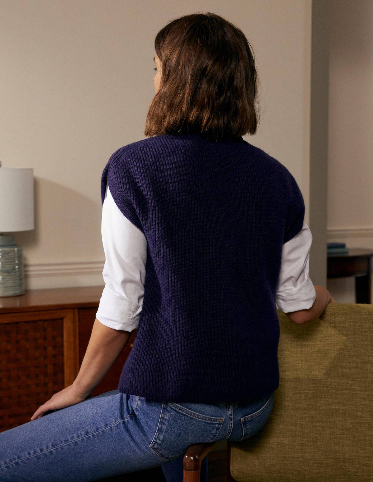 Lockerer ärmelloser Pullover mit Rippstrick-Marineblau-3