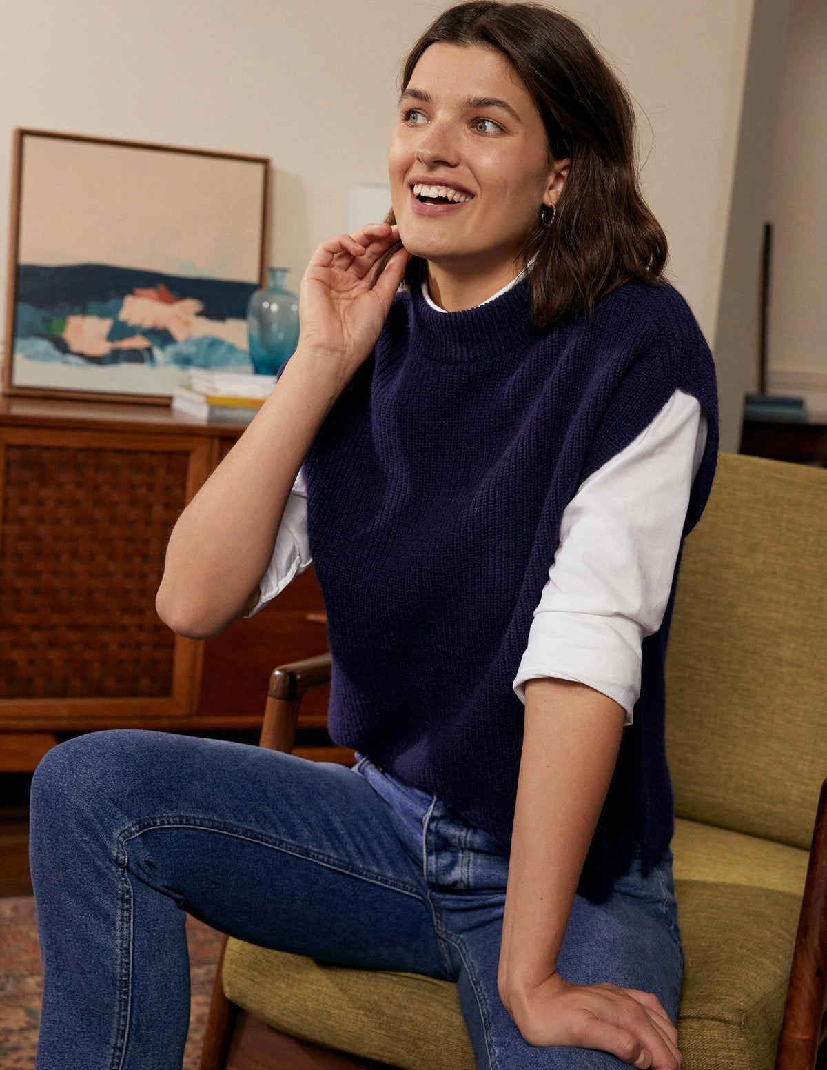 Lockerer ärmelloser Pullover mit Rippstrick-Marineblau - Image 4