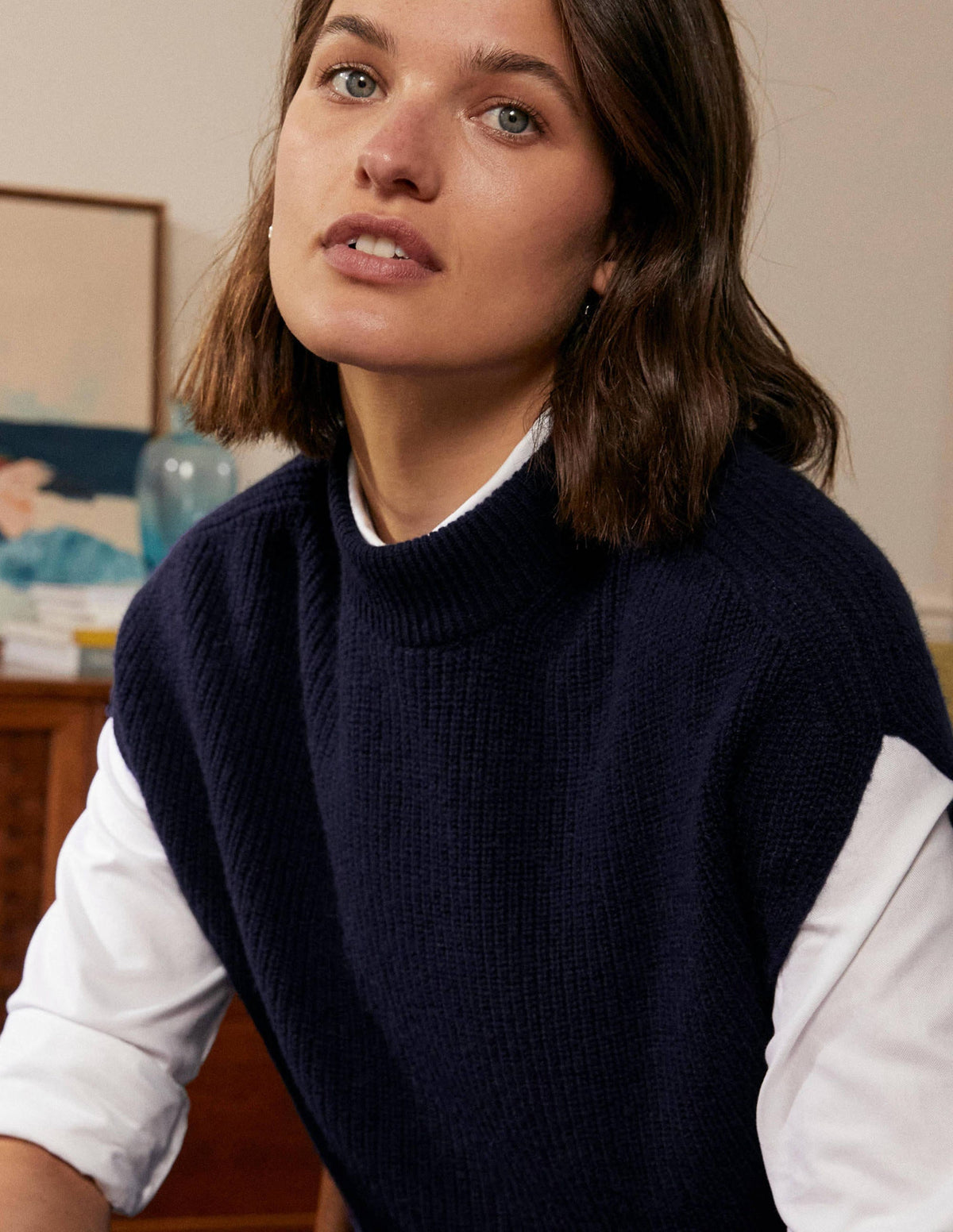 Lockerer ärmelloser Pullover mit Rippstrick-Marineblau-5