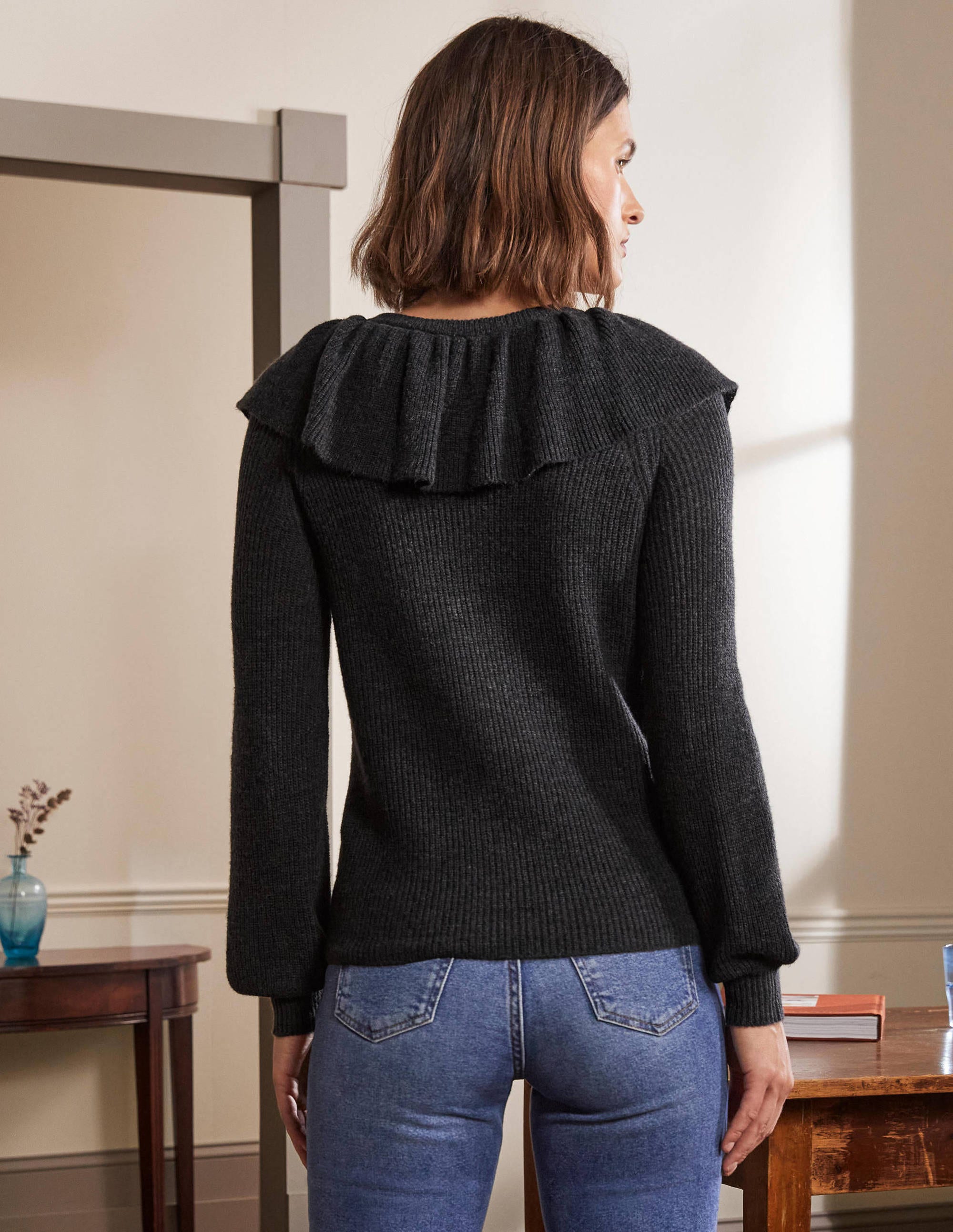 Flauschiger Pullover mit Rüschenkragen-Anthrazit Melange - Image 3
