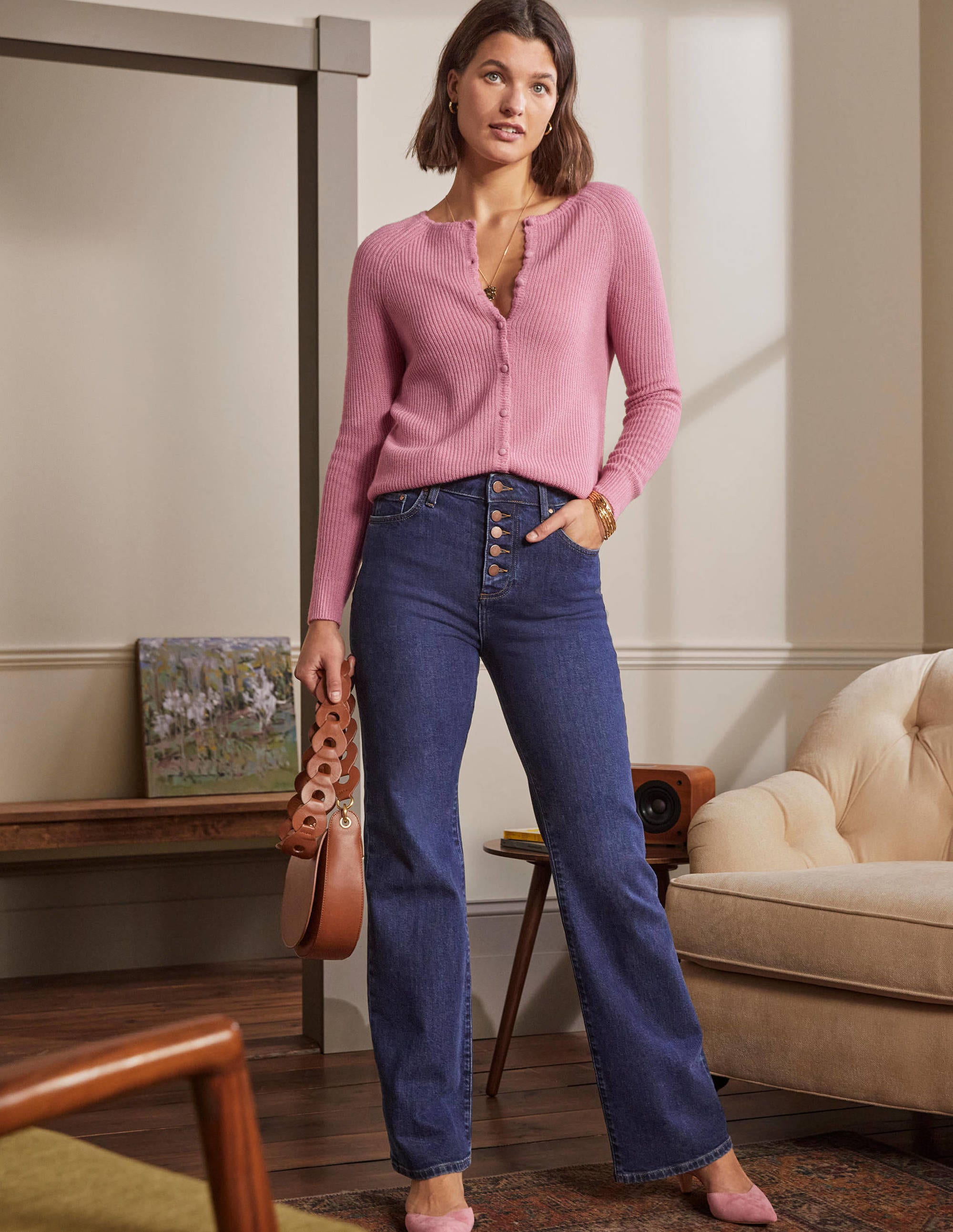 Ella Flauschiger Cardigan mit Muschelsaum-Kirschblütenrosa - Image 1