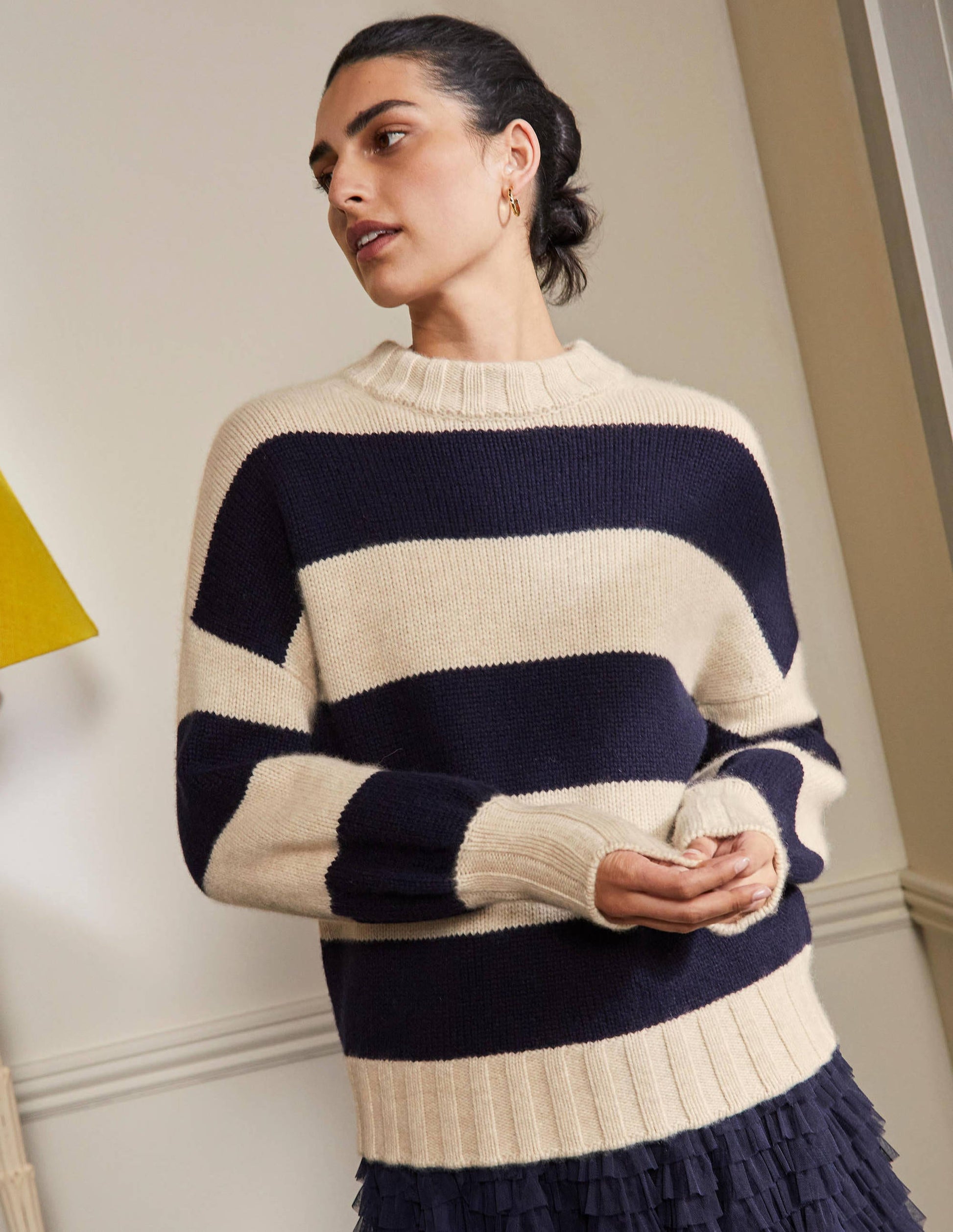 Grobstrickpullover aus Kaschmir-Saphirblau, Gestreift-1