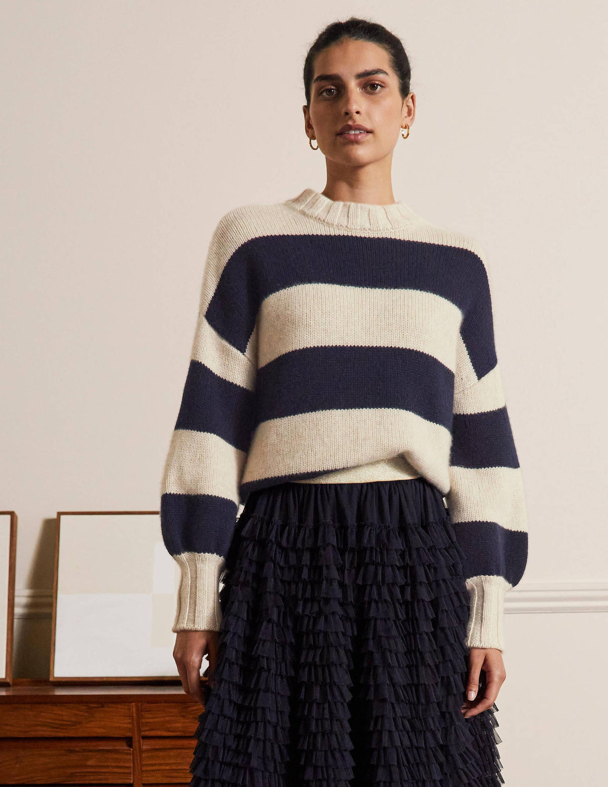 Grobstrickpullover aus Kaschmir-Saphirblau, Gestreift-5