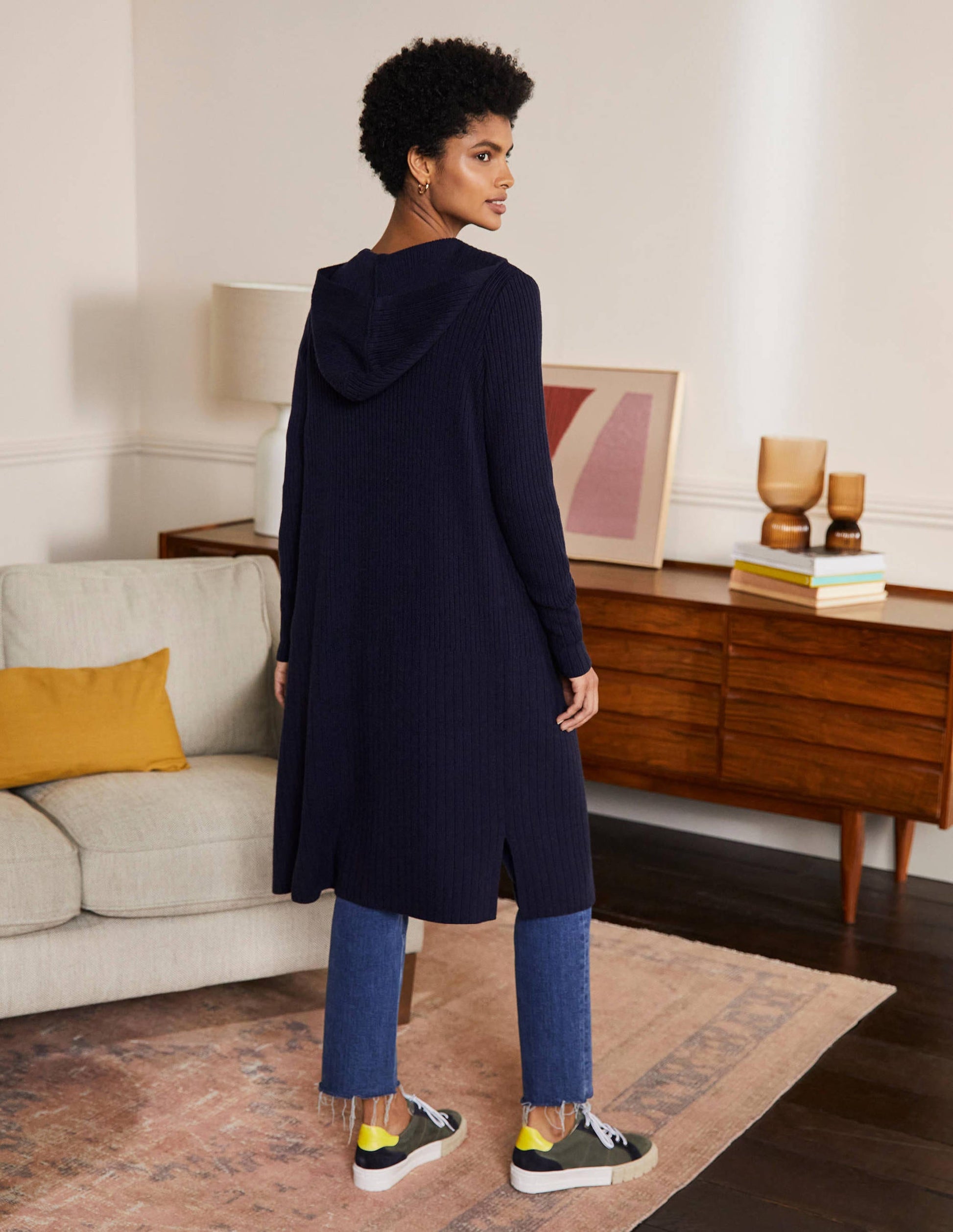 Lockerer Cardigan mit Kapuze-Marineblau-3