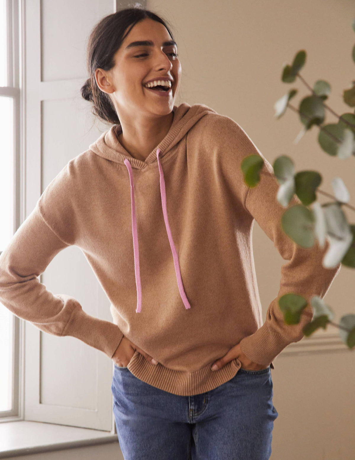 Lockerer Strick-Hoodie-Kamelbraun Melange-1