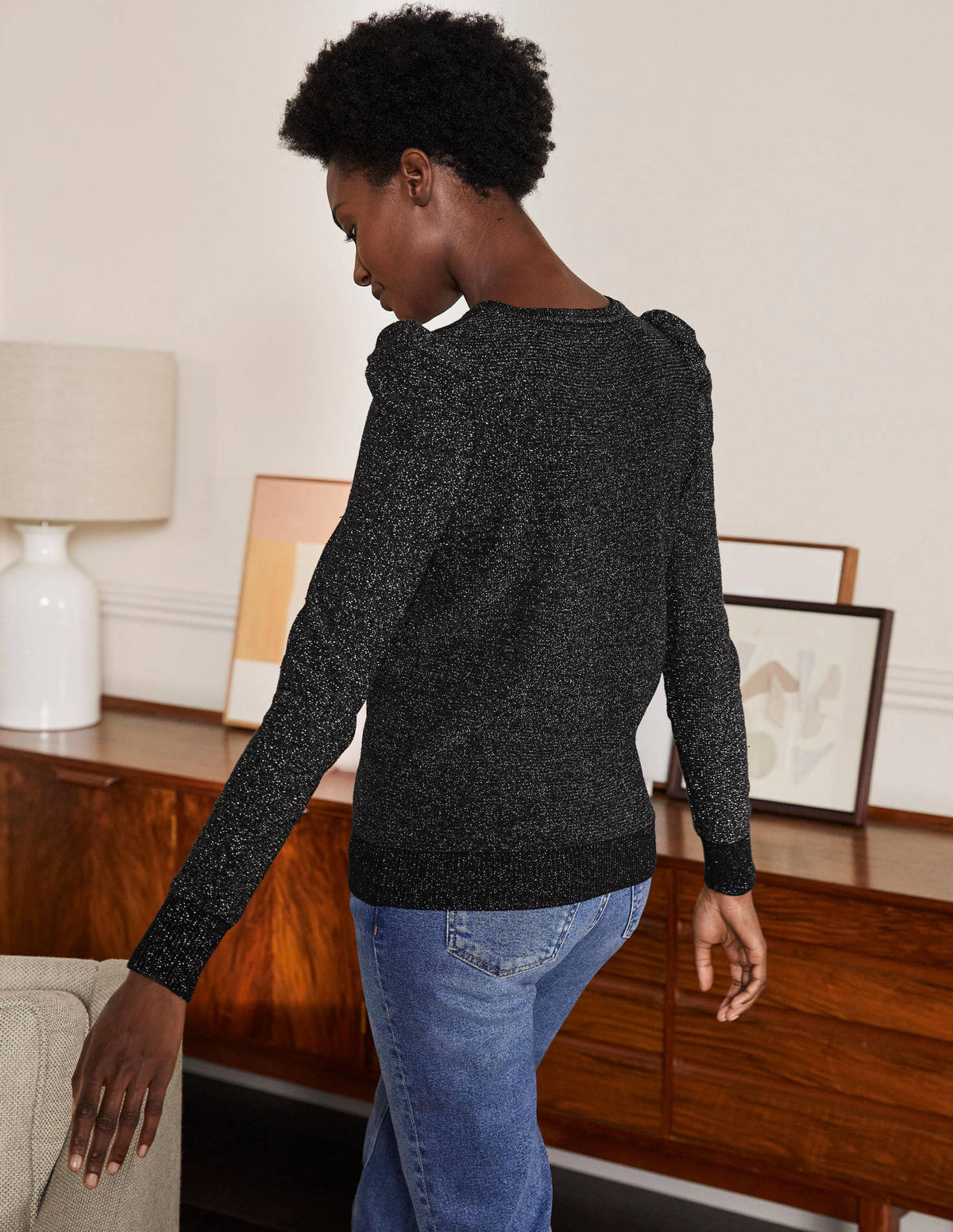 Glitzerpullover mit Puffärmeln-Schwarz, Glitzer - Image 3