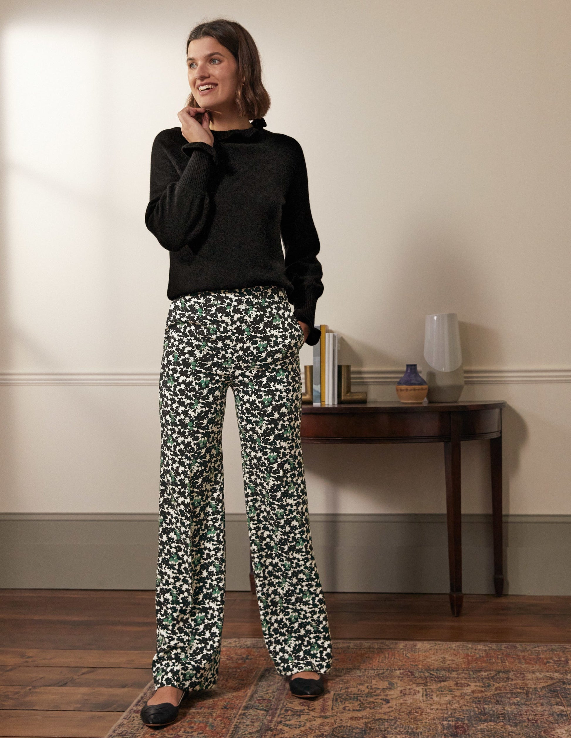 Relaxed Bootcut Trousers-Black, Camo Floral-5