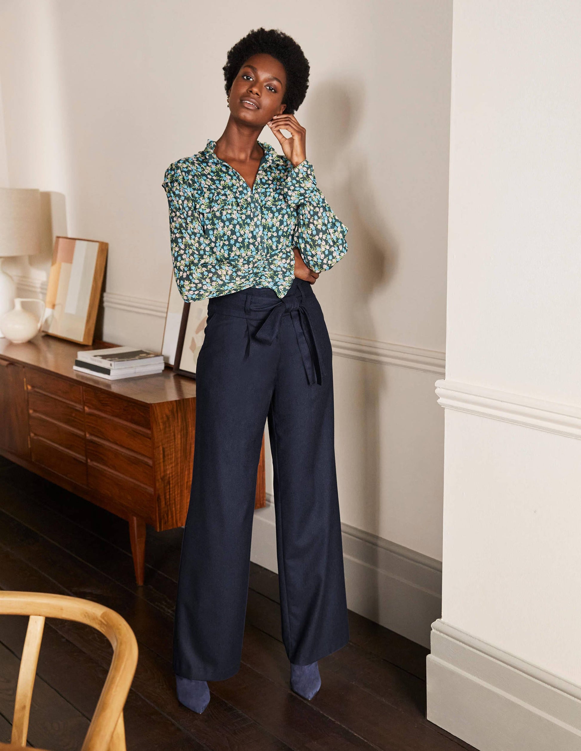 Pantalon large noué à la taille-Bleu marine-4