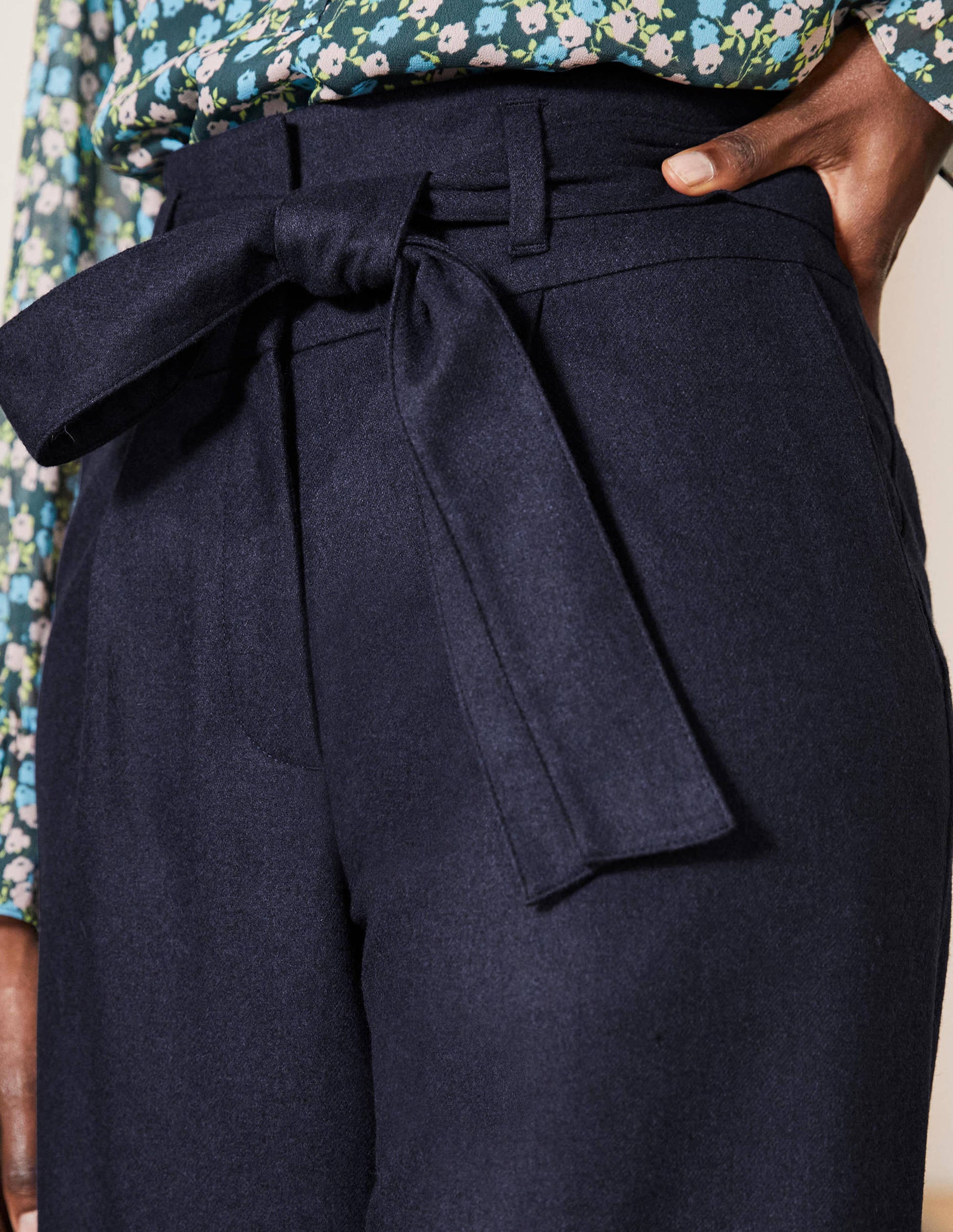 Pantalon large noué à la taille-Bleu marine-1