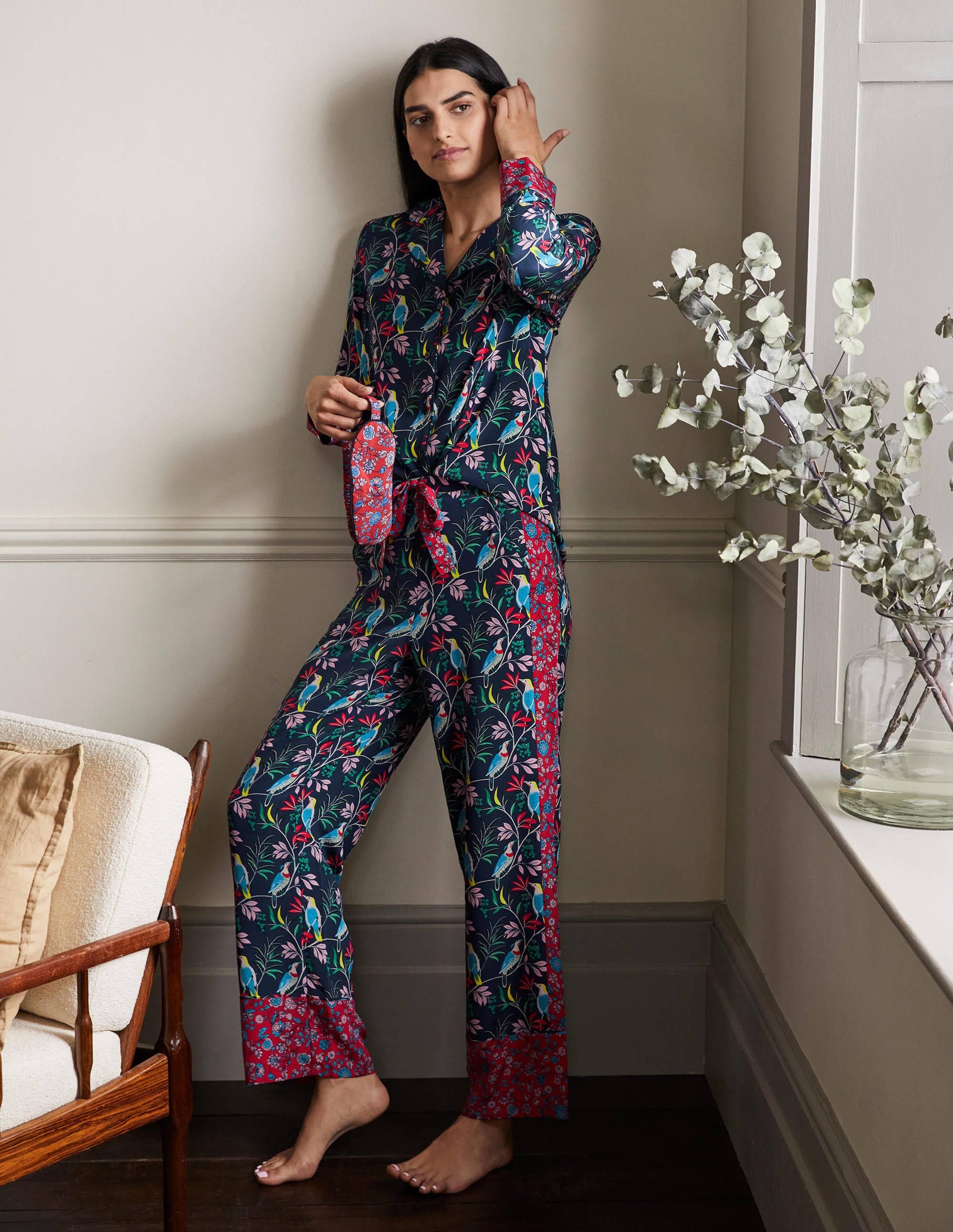 Silk Pyjama Set-Navy, Berry Bird - Image 4