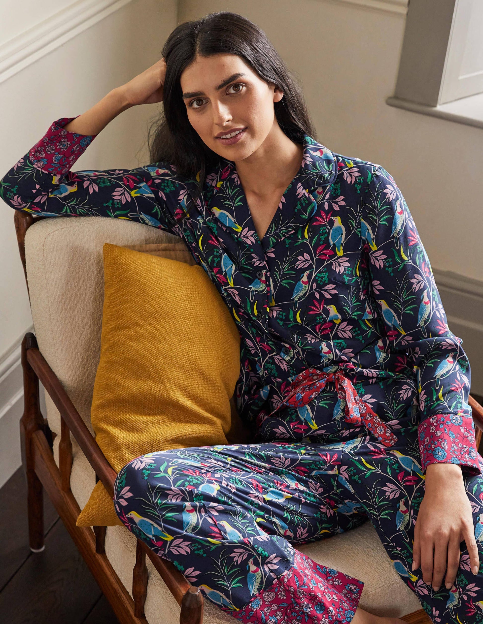 Silk Pyjama Set-Navy, Berry Bird-3