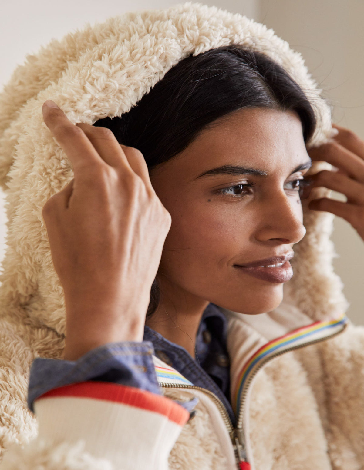 Teddy-Hoodie mit halbem Reißverschluss-Ecru-1