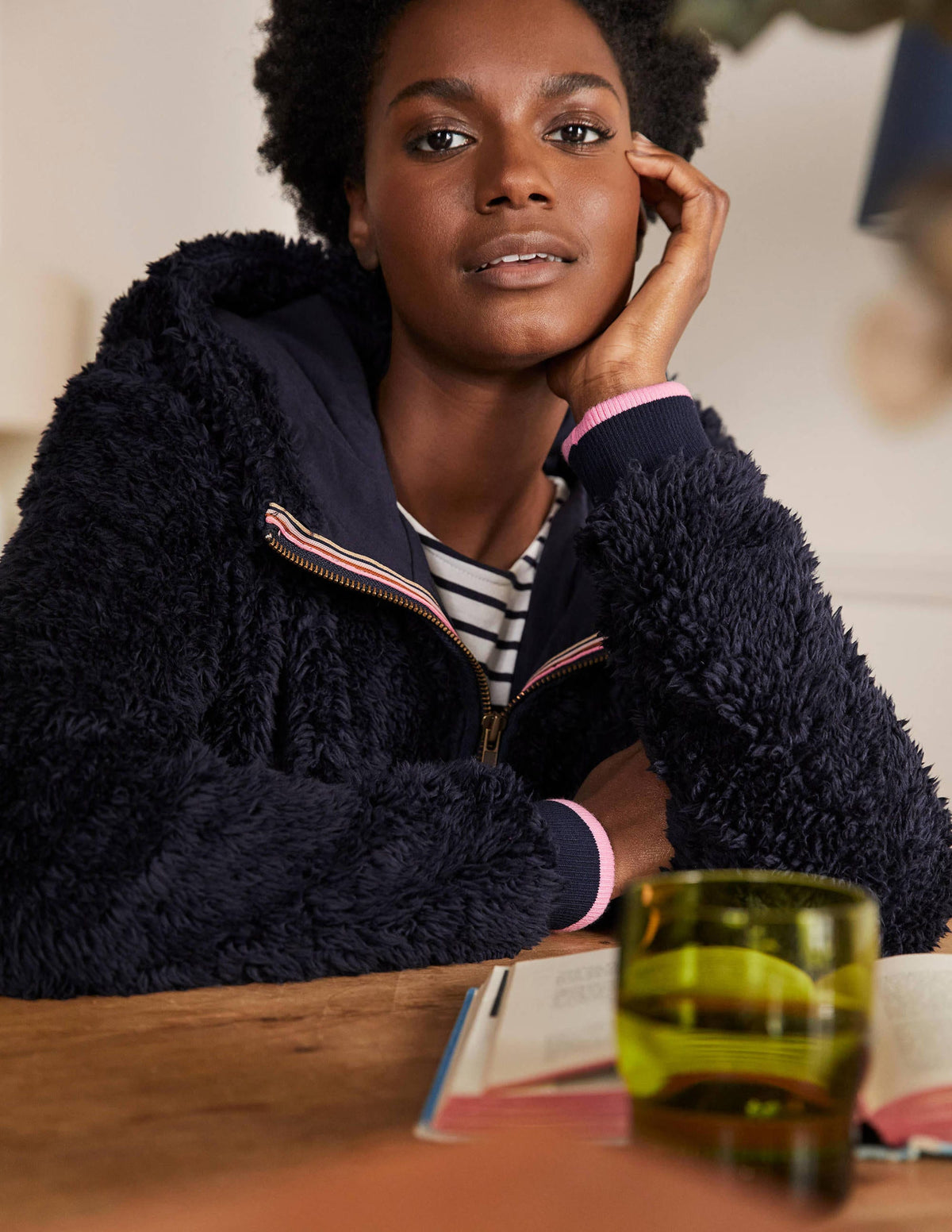Teddy-Hoodie mit halbem Reißverschluss-Marineblau-1