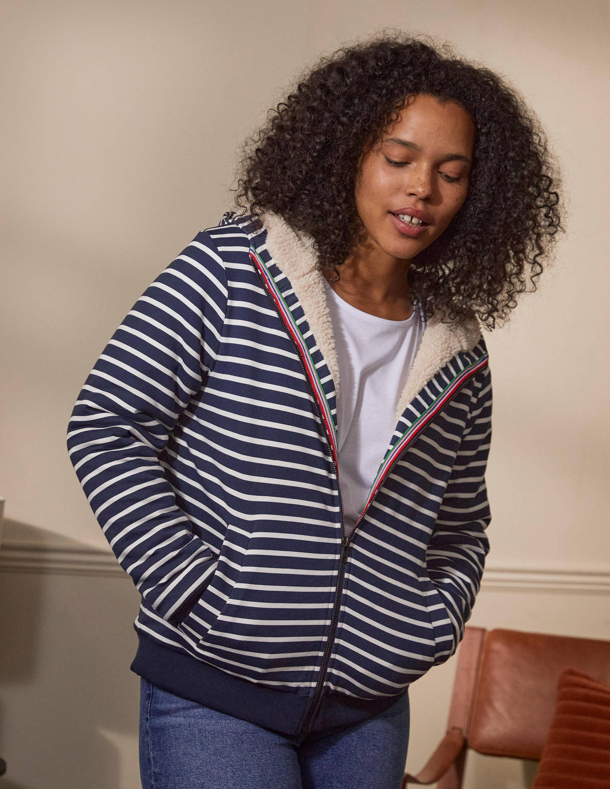 Kapuzenjacke mit Teddyfutter-Navy/Naturweiß - Image 4