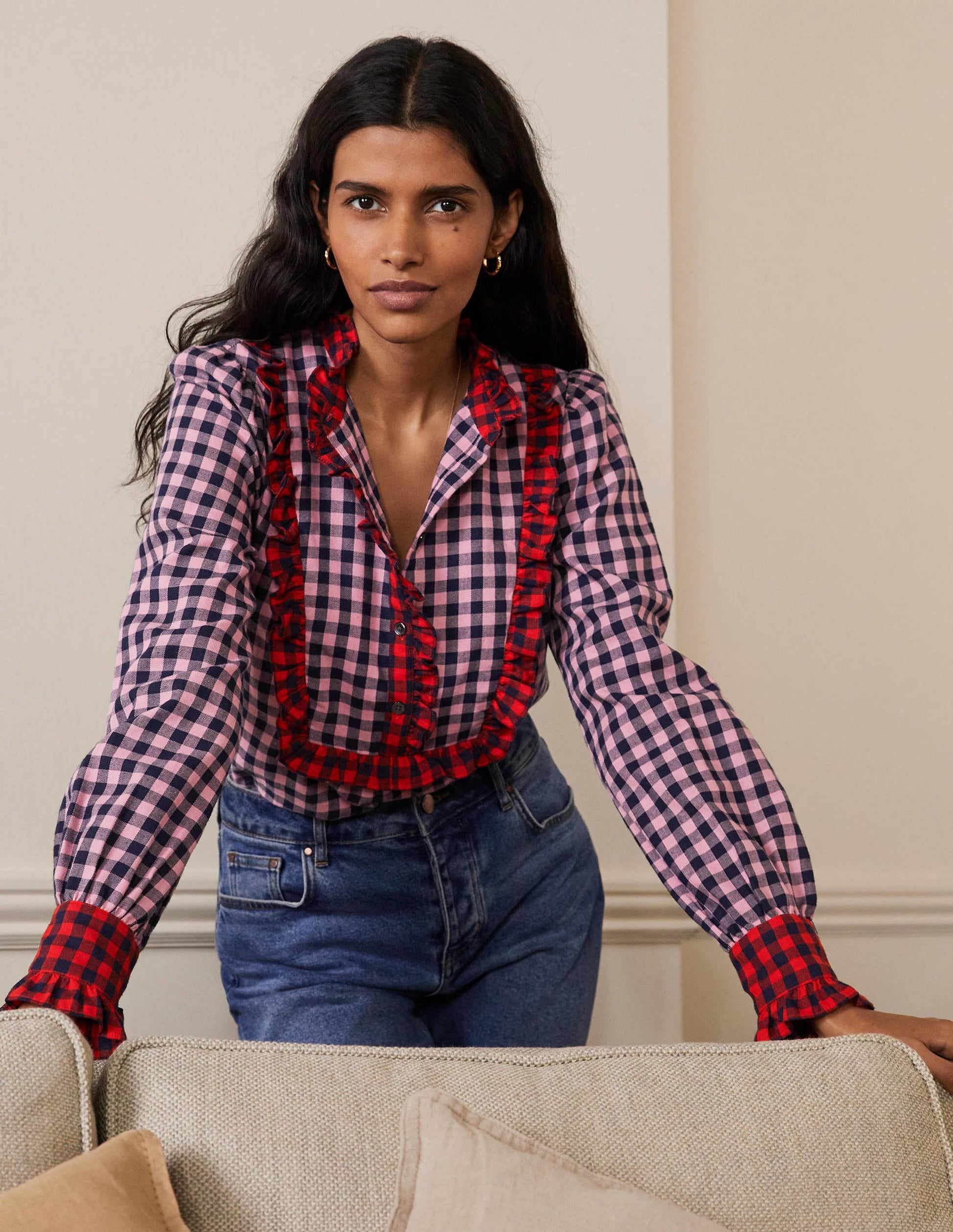 Jean Bluse-Kirschblütenrosa/Navy, Vichykaros-1