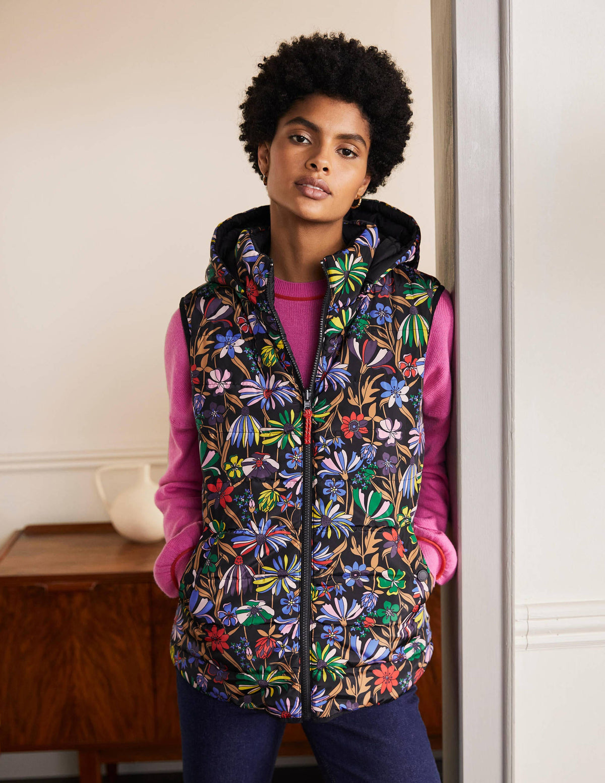 Blouson sans manches léger et réversible-Noir, motif Wild Dandelion - Image 5