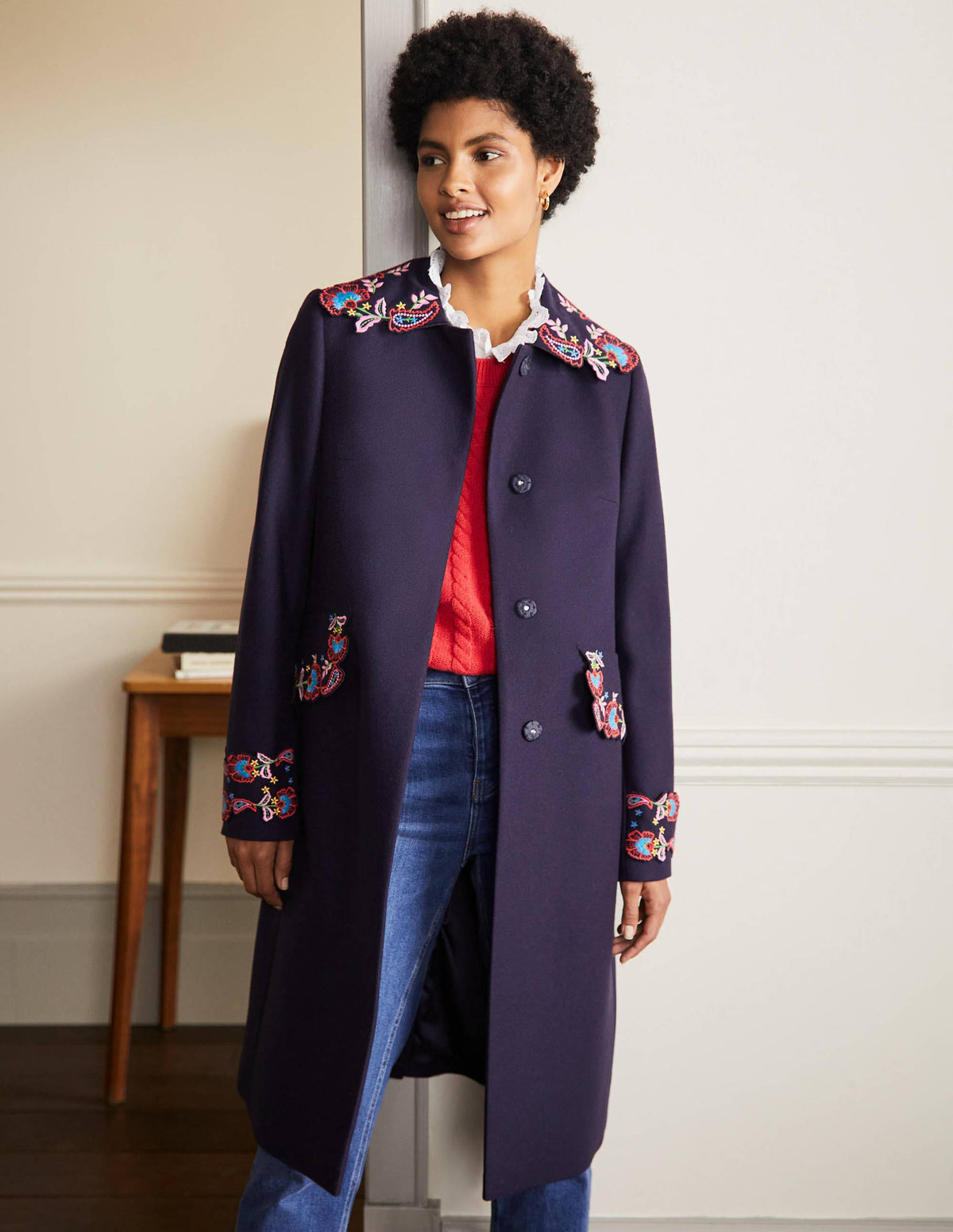 Floral Embroidered Coat-Navy Embroidered - Image 4